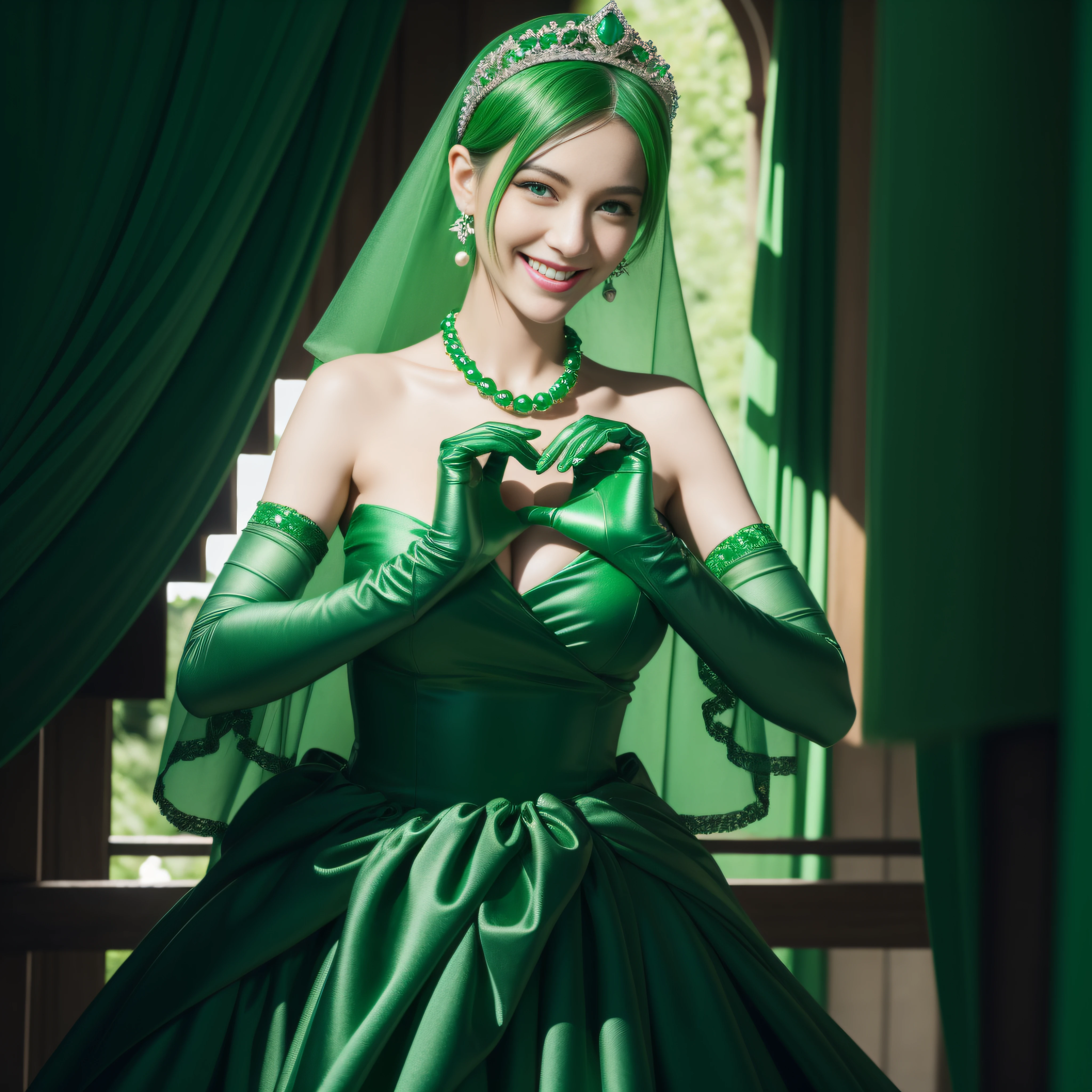 emerald tiara, Green Pearl Necklace, Boyish very short green hair, lipsticks, Japan woman smiling, very short short hair, big breasts beautiful, Green eyes, Long green gloves made of satin material, Green eyes, Emerald Earrings, green vale, Heart with both hands,Green hair