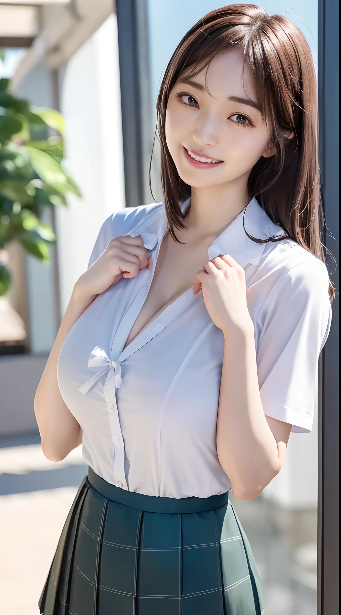 1ung girl, laugh shyly, (highly detailed eyes, highly detailed hair, highly detailed face), extremely detailed CG unified 8k wallpaper, Highly detailed, High-definition raw color photos, Professional Photography, Realistic portrait, Cinematic Light, ponytail, Bangs, (Beautiful breasts), (High school uniform with wide open breasts:1.2), (Pleated mini skirt:1.2), (sheer panties:1.1), outdoors, Park, (view from below1.2)