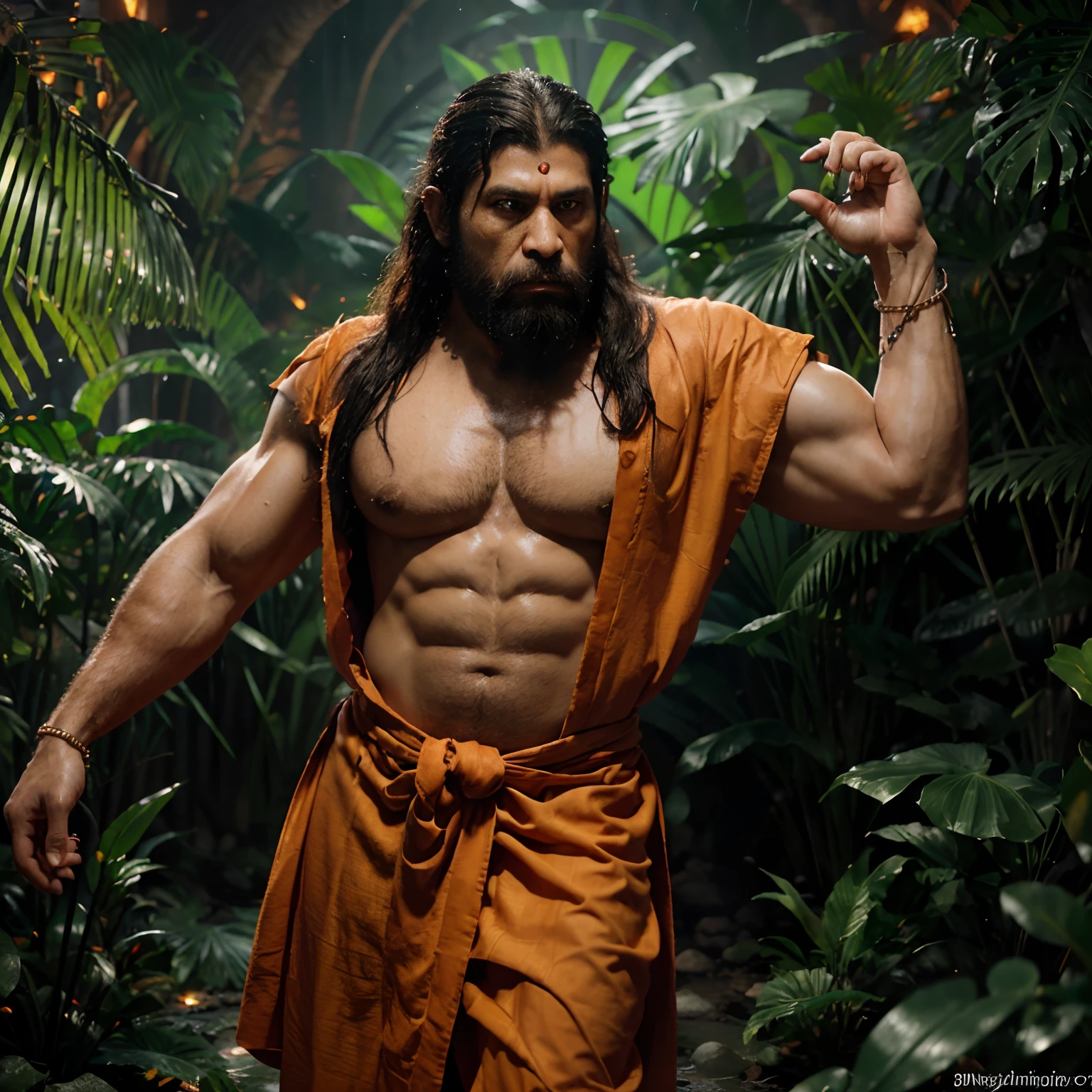 LORD HANUMAN ,a 35 years old man who has a face of a monkey, has a long tail as a monkey, proper super detailed eyes, proper super detailed hands, proper super detailed legs, An Indian god, Lord Hanuman, face of a monkey , moderate stature, has a big tail, Fire on the background, strongly built, broad-chested, narrow-waisted, and long-armed, big gada in his hand, in a dark forest (Professional 3D rendering:1.3) by (Realistic:1.3) World's most beautiful art picture, Features soft, dark complexation male heroes , hindu god, indian god, ((Epic hindu god , lord Hanuman, fantasy rough muscular man wet hero angry look long hair long slightly white beard and fierce expression in dynamic pose, wearing a orange robe, inside a jungle, burning lights in the background, majestic environment)), full body 8k unit render, action shot, skin pores, very dark lighting, heavy shading, detailed, Detailed face, (vibrant, photorealistic, Realistic , Dramatic, Dark, sharp focus, 8k), (orange cloths with heavy jewelry r:1.4), (intricate:1.4), decayed, (highly detailed:1.4), painting digital, rendering by octane, art stations, Concept-Art, smooth, sharp focus, illustration, germ of art, (Loish:0.23), Wlop Ilya Kuvshinov, and Greg Rutkowski and Alphonse Mucha Gracias, (global illumination, studiolight, Light Volumetric ), heavy rain, floating particles, scoundrel, fantasy, Eleven, full bodyesbian, ((Dark jungle background:1.3)),CGSesociedade,art stations with mace