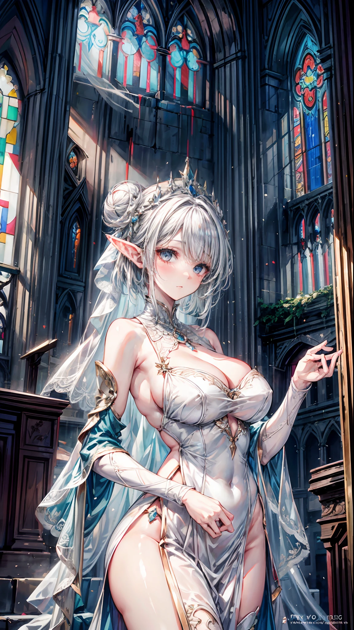 Elf beauty，Short silver hair，A bun，White long dress wedding dress，Veil，Stained glass windows of the church，Long face，Long face，Long face shape，Long face shape