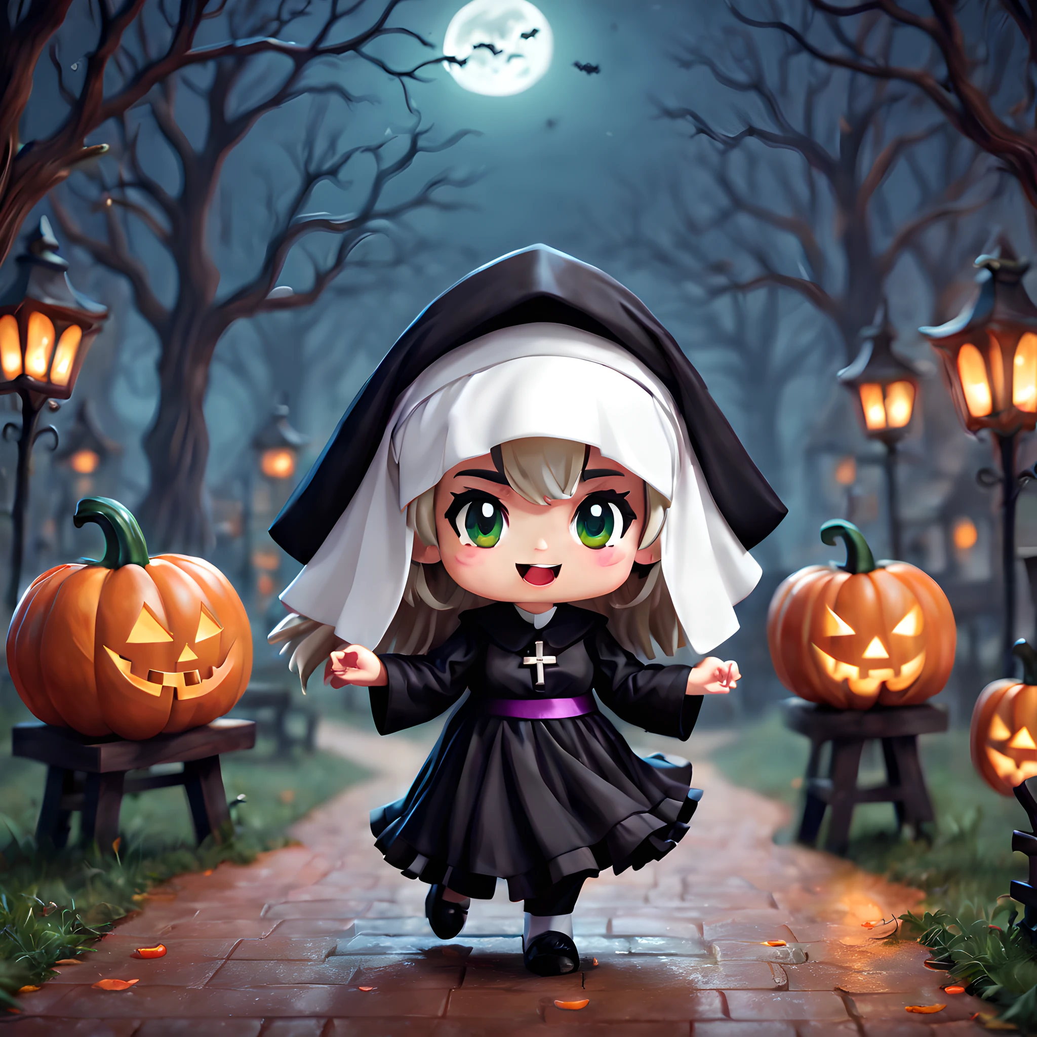 (Pixel art:1.5), (chibi emote:1.5), (chibi character:1.5), (halloween theme:1.5), (fantasy:1.5), (magical world:1.5), (fantastic halloween background:1.5), (halloween:1.5), (monsters:1.5), (halloween adventure:1.5), (nun costume:1.5), (dancing:1.5),