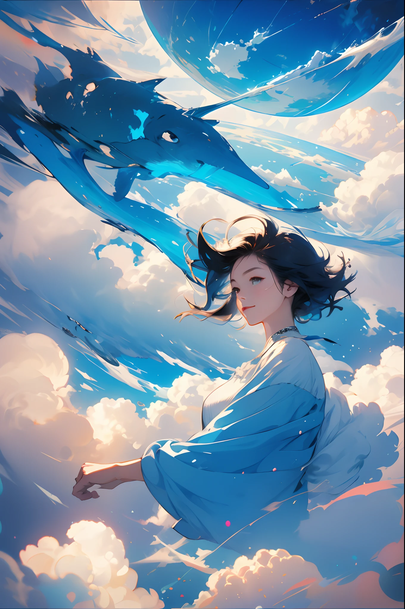 masterpiece, best quality, movie still, 1girl, floating in the sky, cloud girl, cloud, (close-up:1.1), bright, happy, fun, soft lighting, (Bauhaus, shapes, lines, abstract:1.1)