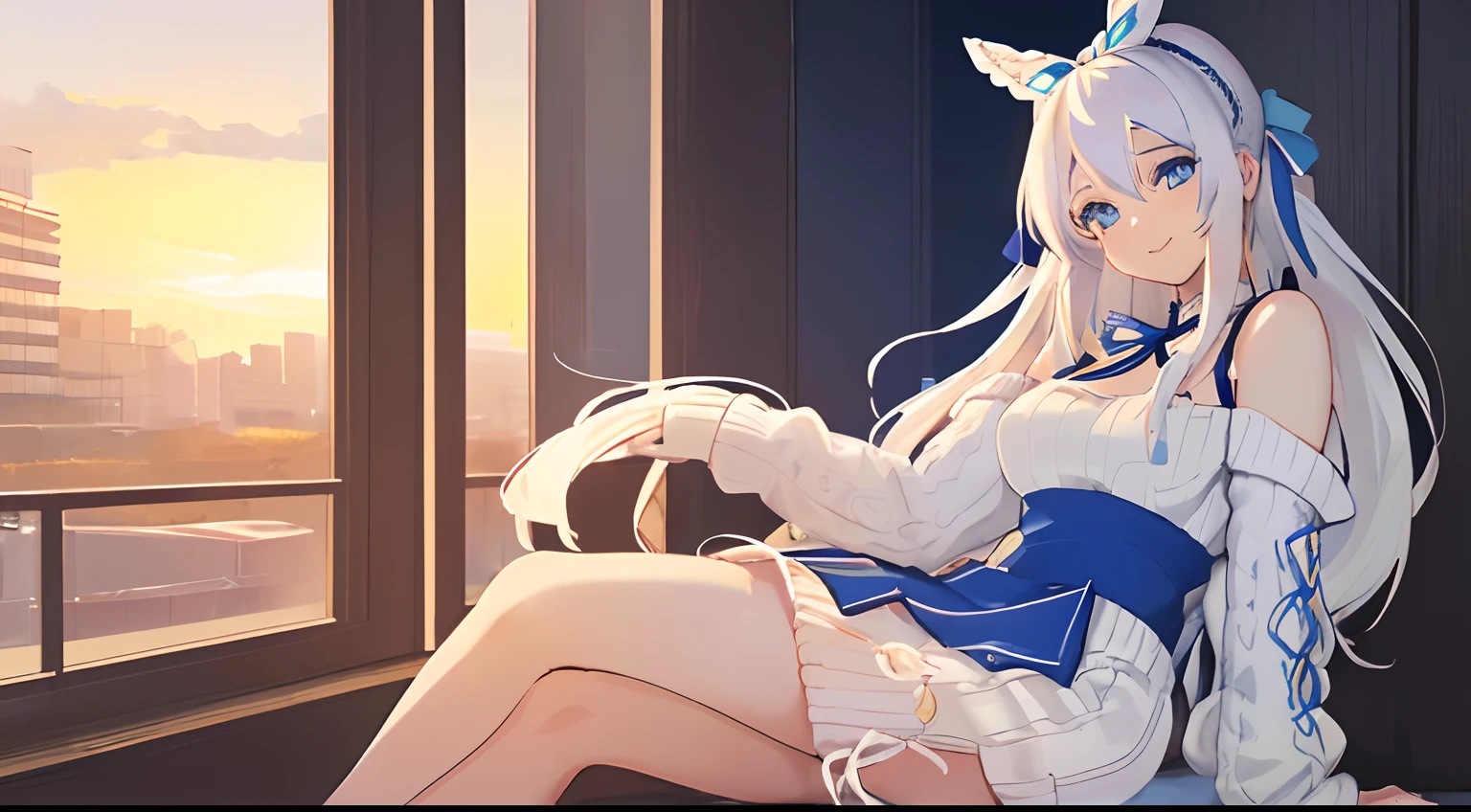 Chica anime, ((Masterpiece), (Best Quality)) (super detailed), ((((solo)))), fullbody, ((((white hair)))), long hair, ((((blue hairribbon)))), ((((blue eyes)))), smile, 18yo, Cold-Shoulder Sleeves, (((sweater))), mini skirt, sleeves_past_wrists, sunset, cafe, in the tokyo, autumn