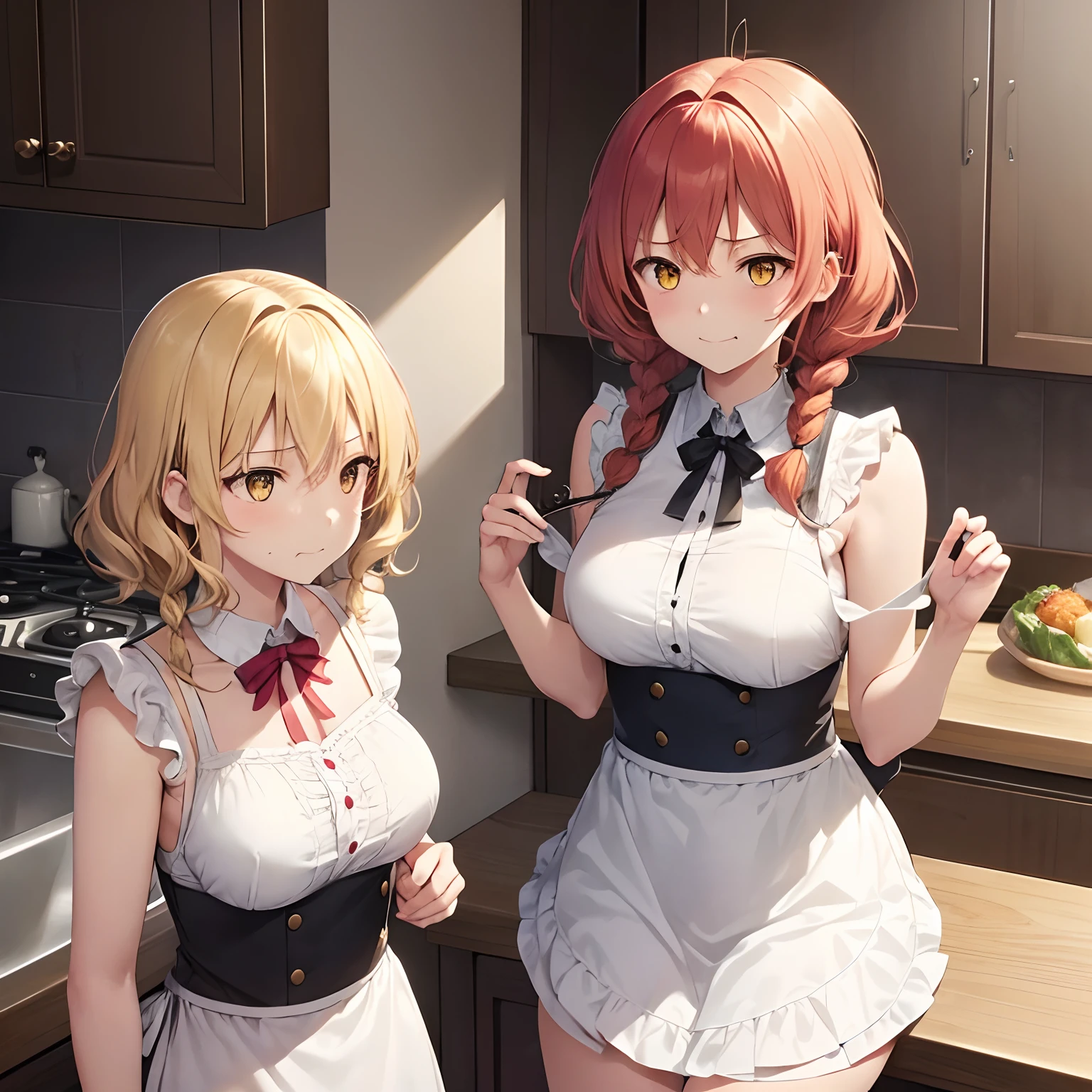 /draw ai_generated curvy_body curvy_female curvy_figure The average cup size female_only huge_breasts looking_at_viewer +maid solo_female solo_focus stable_diffusion waitress orange_hair green_eyes lifts the skirt showing black panties big hips legs in white stockings