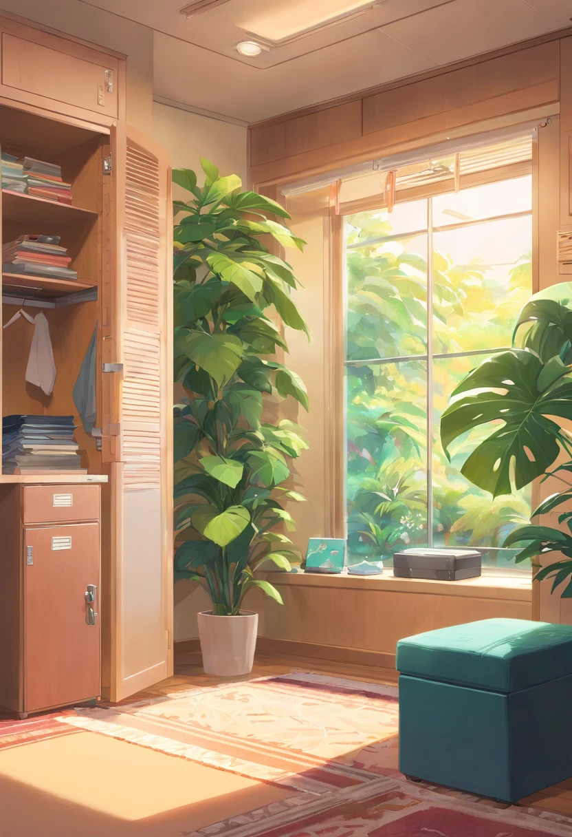 In the large bright living room,(locker:1.2),Shoe cabinet,There are slippers on the carpet,Next to it is the monstera