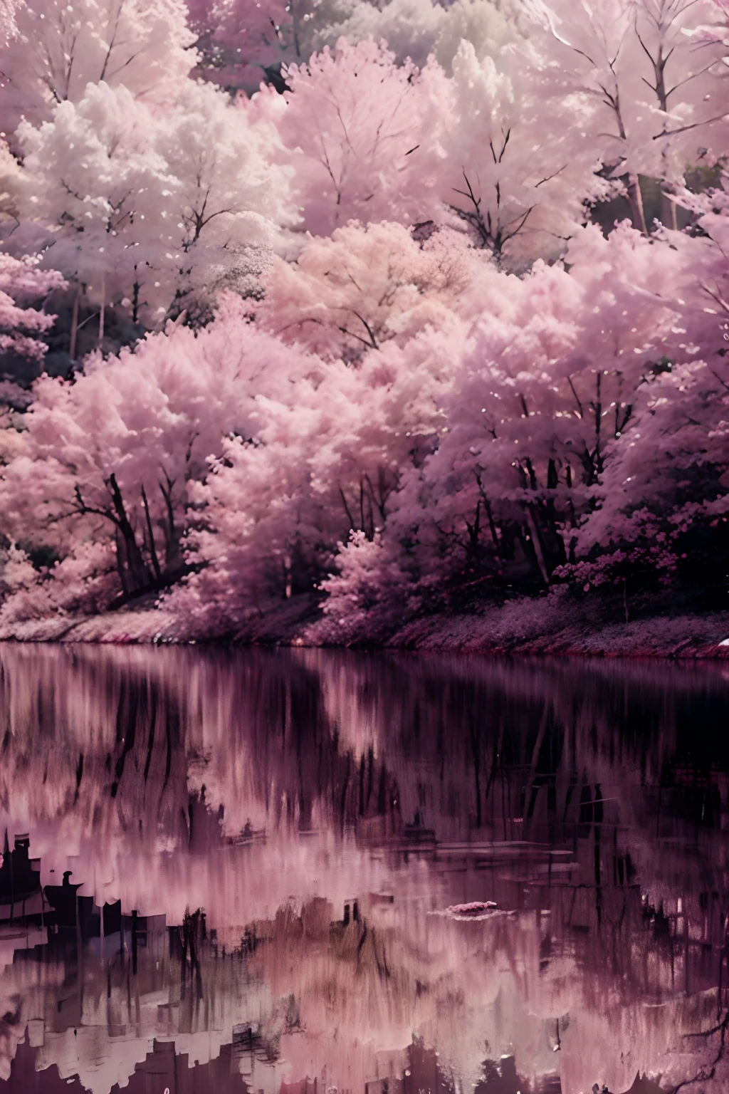 purple trees and bushes are reflected in a still - flowing river, infrared photography, pink landscape, pink reflections, infrared, beautiful nature, pink trees, really beautiful nature, infra - red, pink forest, pink tree beside a large lake, surreal colors, infrared film, cotton candy trees, infared photography, purple water, purple trees, very magical and dreamy