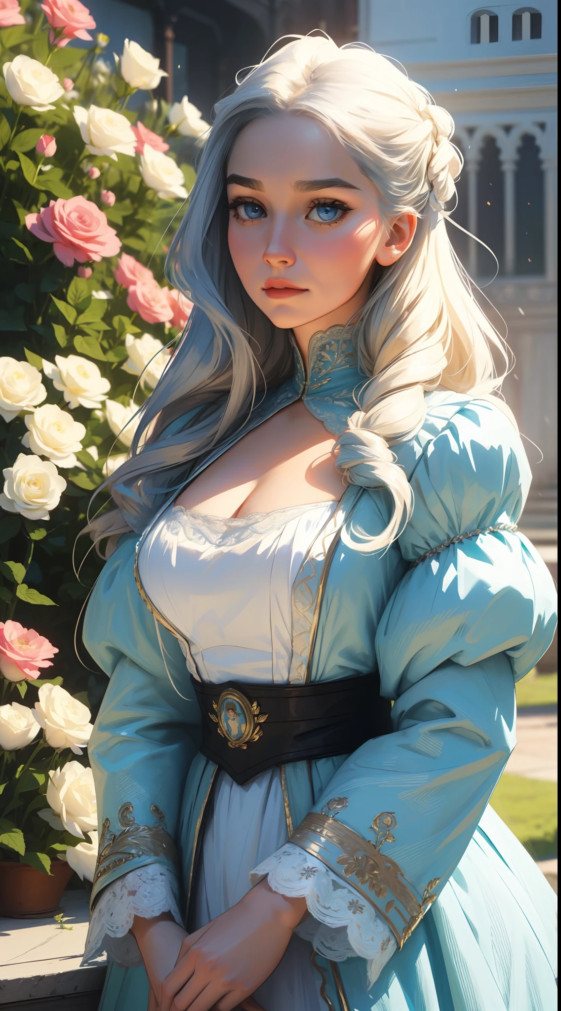 Russian Empire, neon, garden, flowers, 19th century, girl, dressed in a light-colored silk dress of the 19th century with silver embroidery, delicate face, face similar to Daenerys, long white wavy hair, stunning blue eyes, large breasts, aristocrat, Victorian style, realistic face, 8K, HD