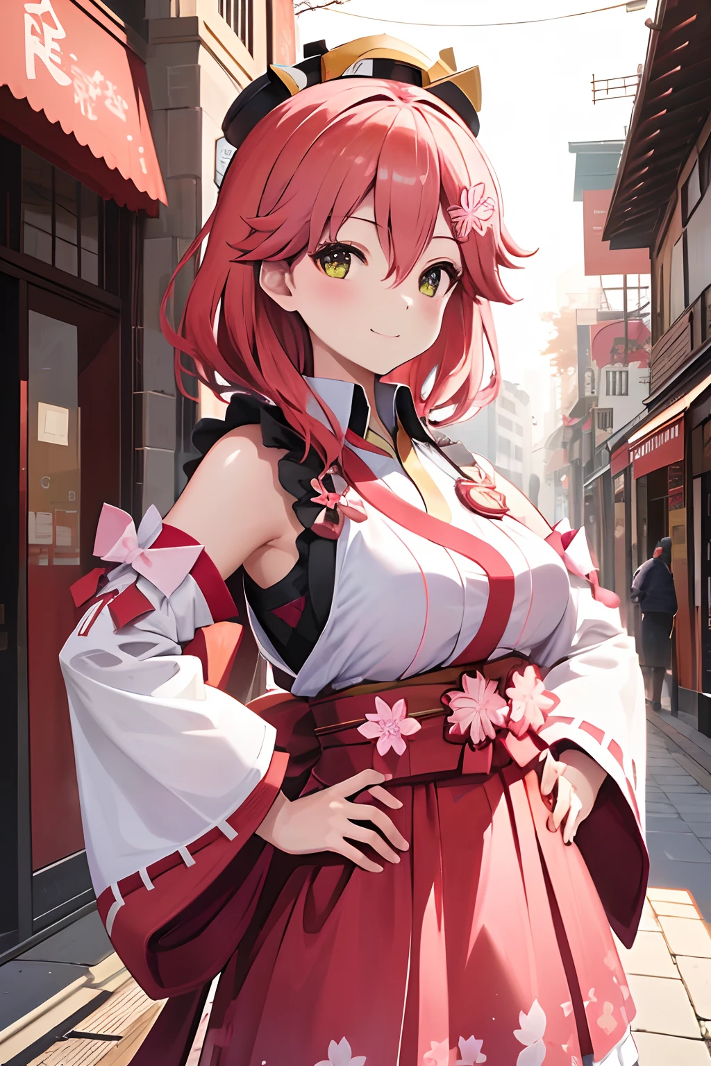 ((人物: Sakura miko)), (Masterpiece), (Professional Photography:1.2), (High Definition:1.3), from front, 8k, portrait shot, best quality, highres, Textured skin, cinematic lighting, original,1girl, solo, smile, big street in morning, (place hands on hips)