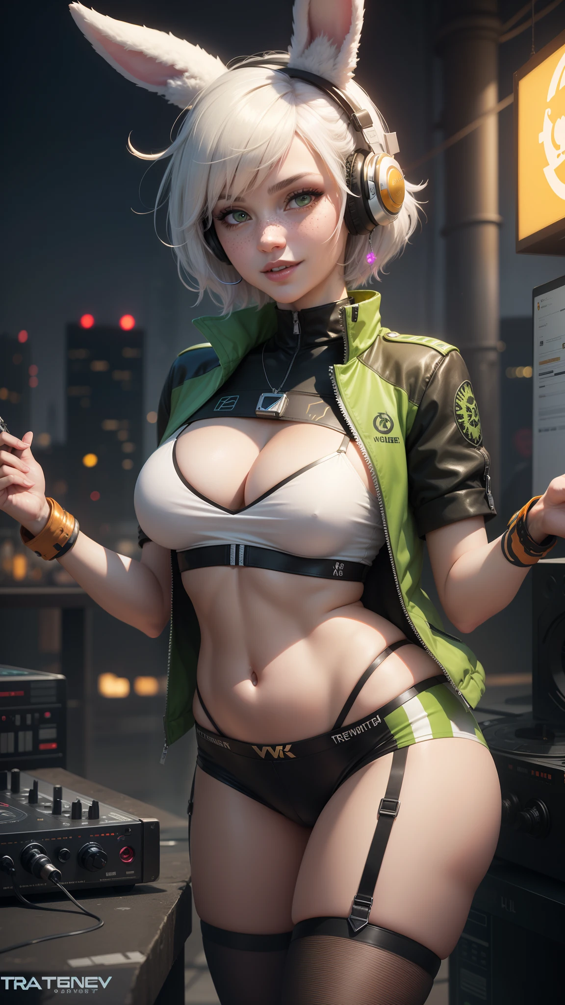 gwen tennyson,tracer,yorha 2b,y'shtola rhul,d.va,overwatch,nier automata,eva pilot,cyberpunk night club,tattoos,orange and silver plugsuit,white short sleeve pilot top,orange lycra micro shorts,garter belt,uncovered belly,short hair,cute makeup,green eyes,dimensional golden hair,sexy smile,freckles,beautiful girl,large breasts,8k,ultra detailed, realistic,fantasy art,dj uniform,ear piercings,punk outfit,saiyan girl,saiyan female,white short sleeve punk jacket,bunny headphones,dj mixer, big speakers,dancing,bunny suit,white bunny tail,