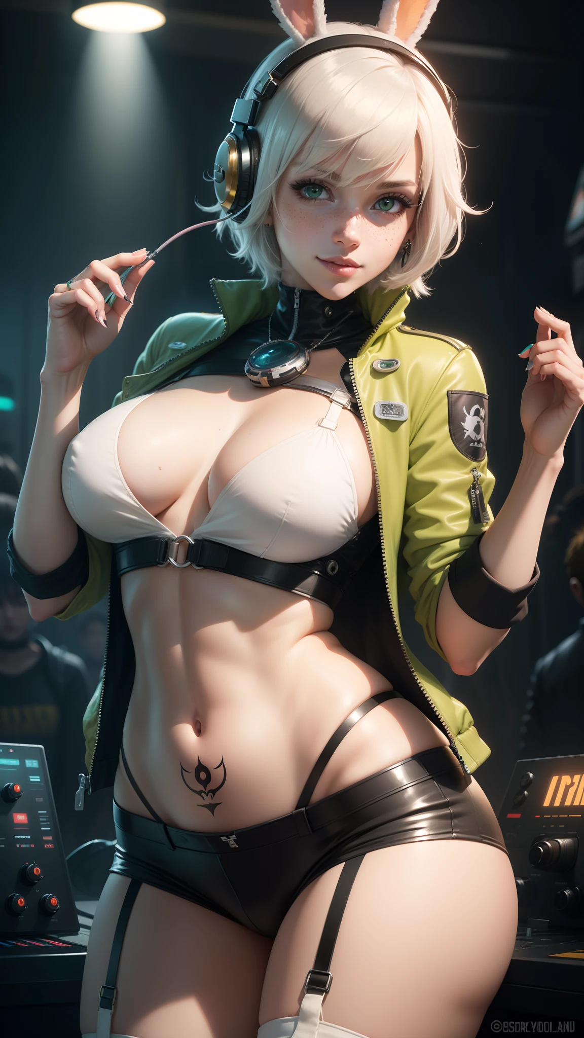 gwen tennyson,tracer,yorha 2b,y'shtola rhul,d.va,overwatch,nier automata,eva pilot,cyberpunk night club,tattoos,orange and silver plugsuit,white short sleeve pilot top,orange lycra micro shorts,garter belt,uncovered belly,short hair,cute makeup,green eyes,dimensional golden hair,sexy smile,freckles,beautiful girl,large breasts,8k,ultra detailed, realistic,fantasy art,dj uniform,ear piercings,punk outfit,saiyan girl,saiyan female,white short sleeve punk jacket,bunny headphones,dj mixer, big speakers,dancing,bunny suit,white bunny tail,