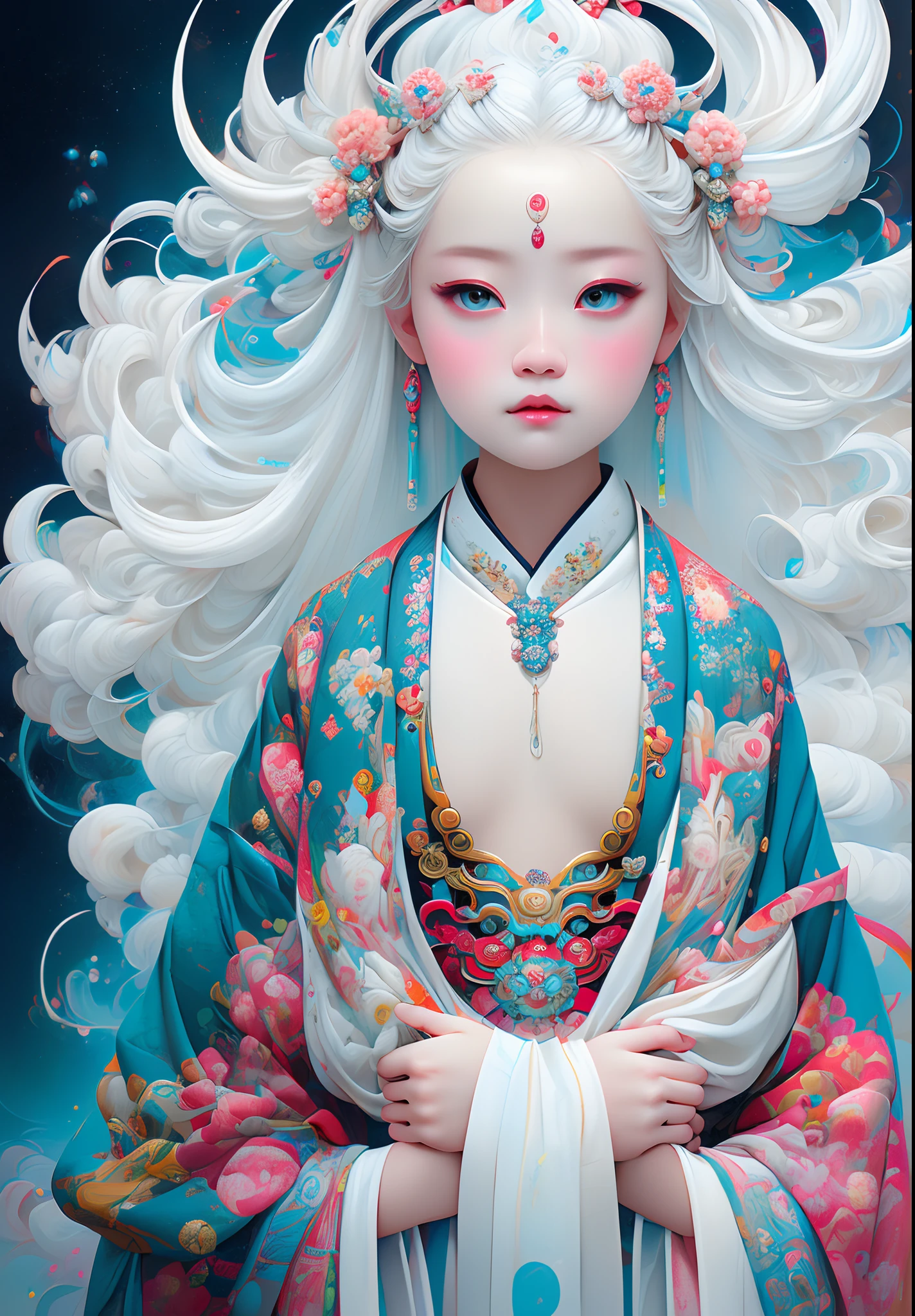 32K, Surreal, Best quality, Masterpiece, A high resolution, Original, extremelydetailedwallpaper,
Perfect lighting, hyper HD, White hair,Zhang Jingna,In a radical digital illustration style, Bold and colorful portraits, lit child, pablo picasso,hikari shimoda(full bodyesbian:1.2), (east asian architecture:1.3)
(Blue Road Robe 1.3)