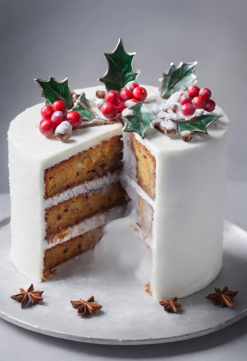 Delicious Christmas Cake, Cinematic, Professional Photography, Studio Lighting, Studio Background, advertising photography, Intricate details, ultra-detailliert, A hyper-realistic, 8K UHD