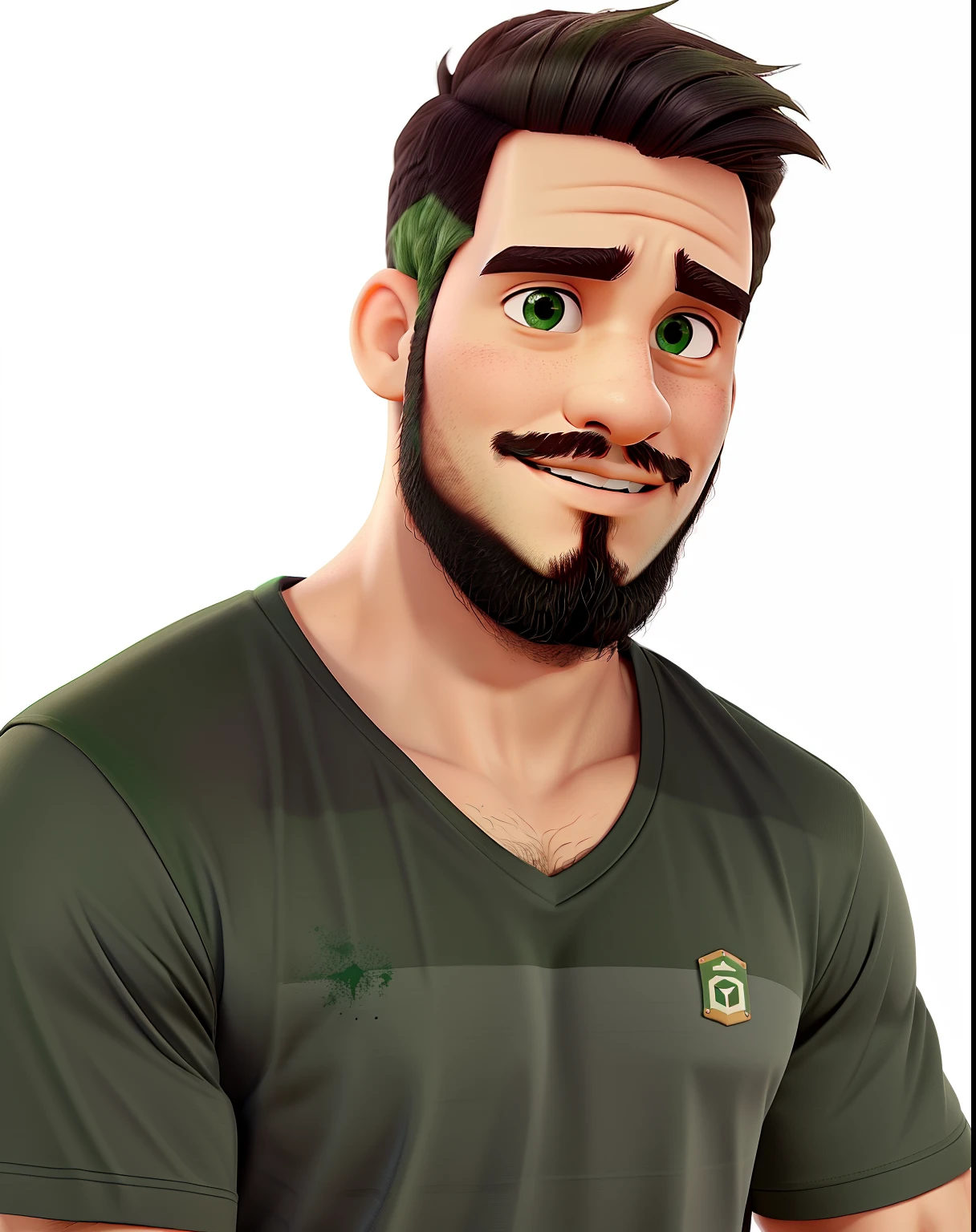 Jovem de 27 anos com barba e cabelo preto e camiseta cor verde musgo