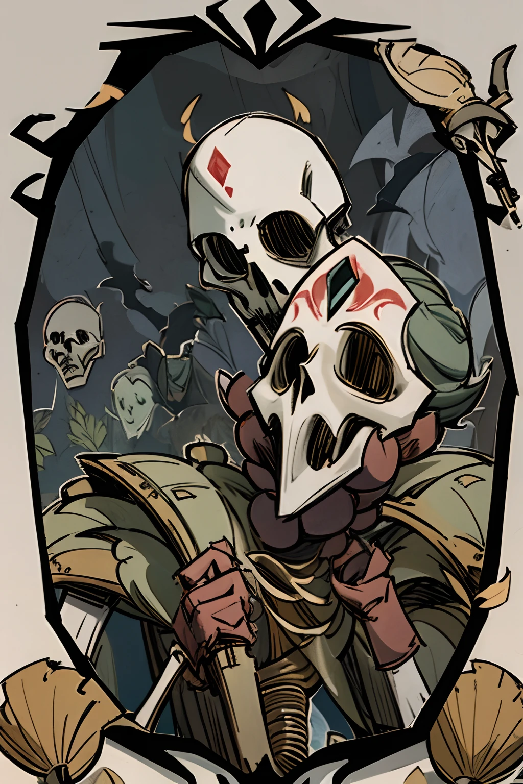 （Best quality at best，tmasterpiece），1boys，short detailed hair，火焰，leafs，adeptus mechanicus，tarot cards，angelicales，Skeleton mask，Bust avatar