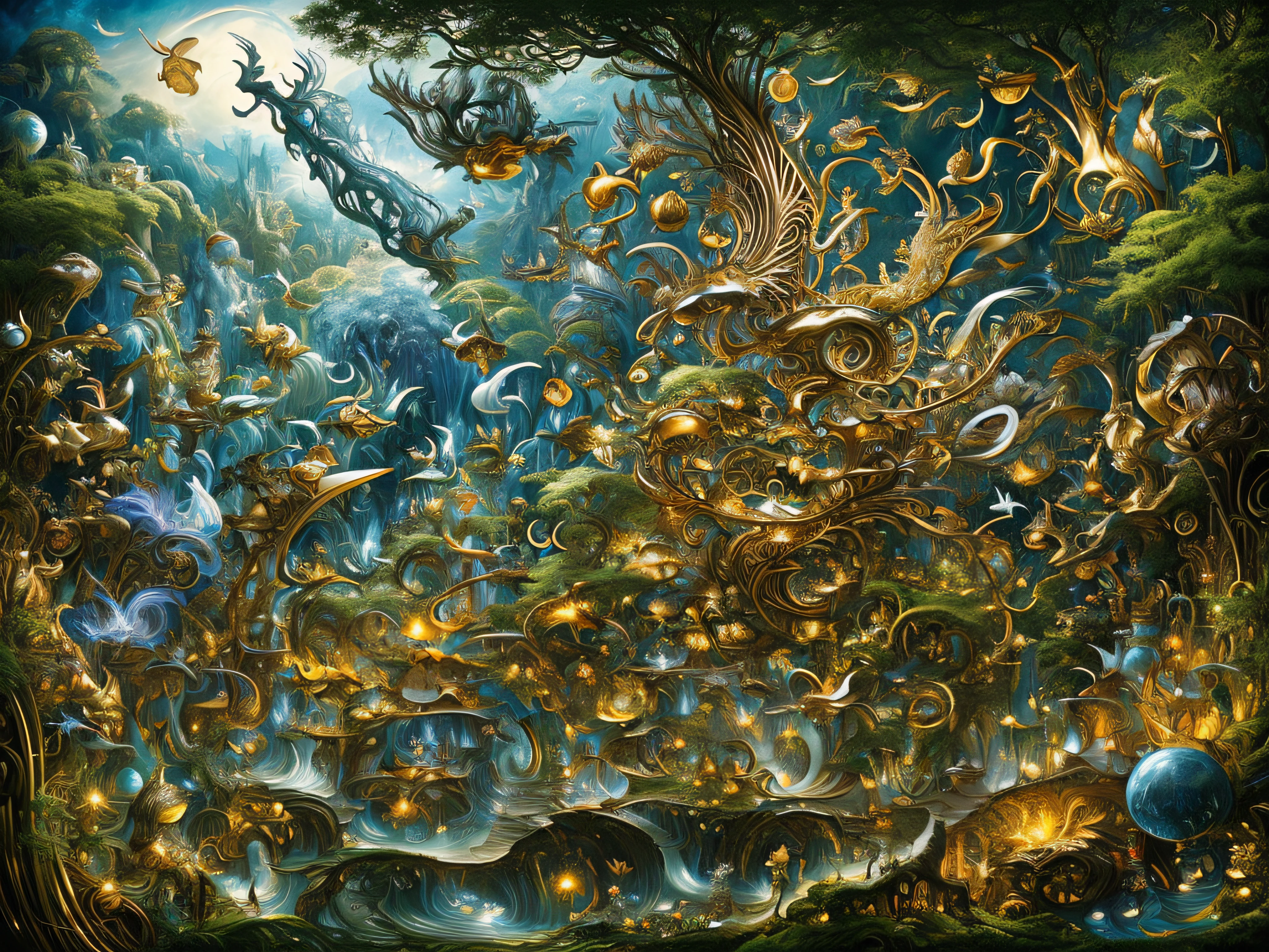 high quality, highly detailed, fantasy, At the forefront of this enchanting scene stands a fantastical creature, a harmonious fusion of the whimsical beings imagined by Hieronymus Bosch and the organic fluidity found in Michael Parkes art nouveau lines, biomechanical aesthetic seamlessly integrate into the cosmic tableau, awesome full color,