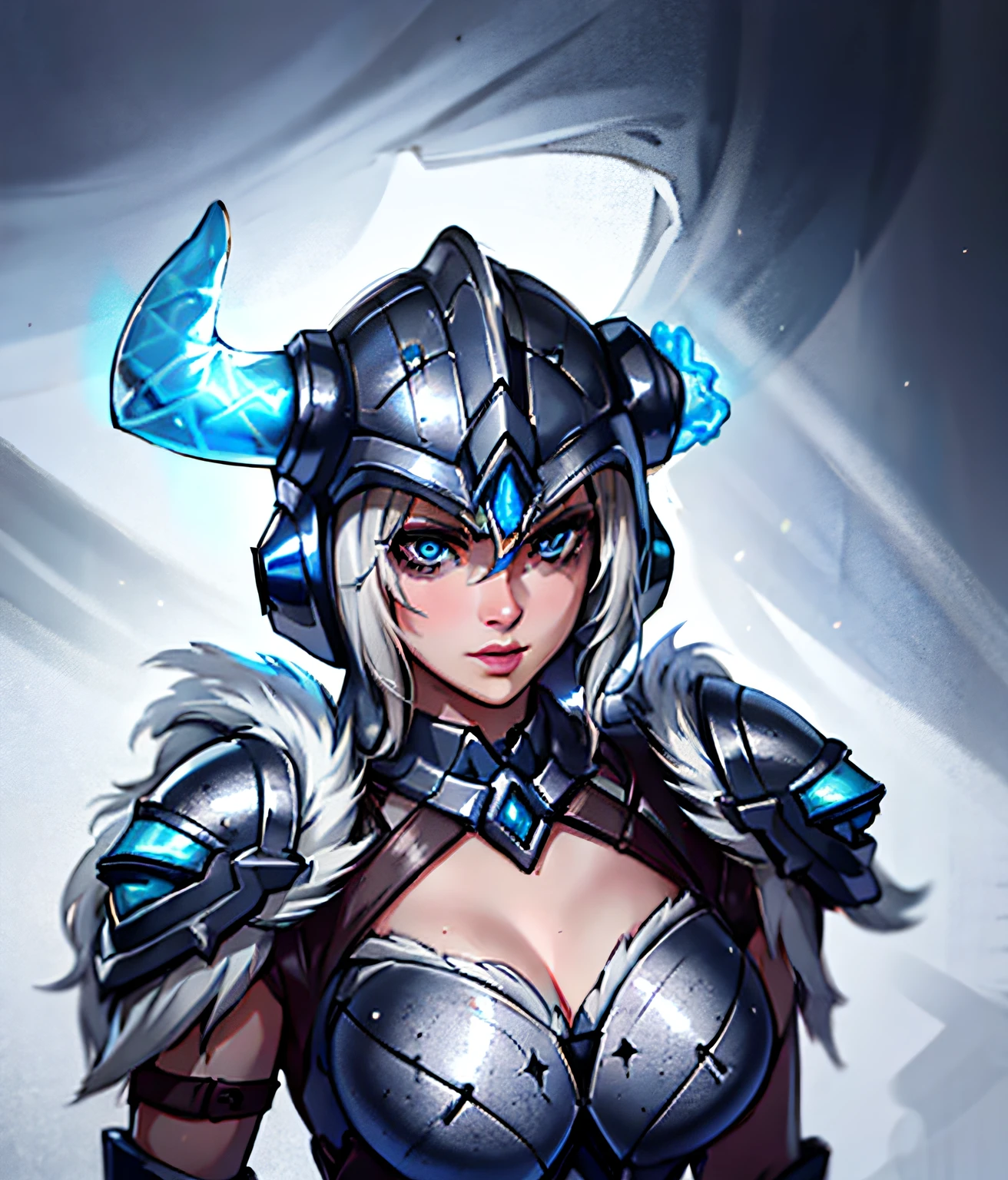 high quality, photorealistic, realistic, 8k, highres, fine light, studio lighting, standing, portrait of a girl, sejuani, white hair, silver armor, helmet, perfect face, blue eyes