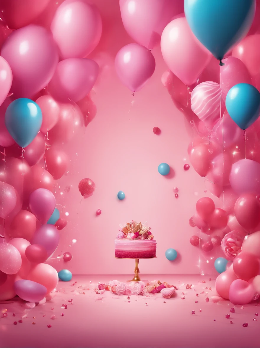 Color: Pink as the central theme. Background Elements: Illustrations of balloons and candies scattered. Atmosphere: Sparkly and cute overall vibe. Center: Leave some space in the middle for product placement.