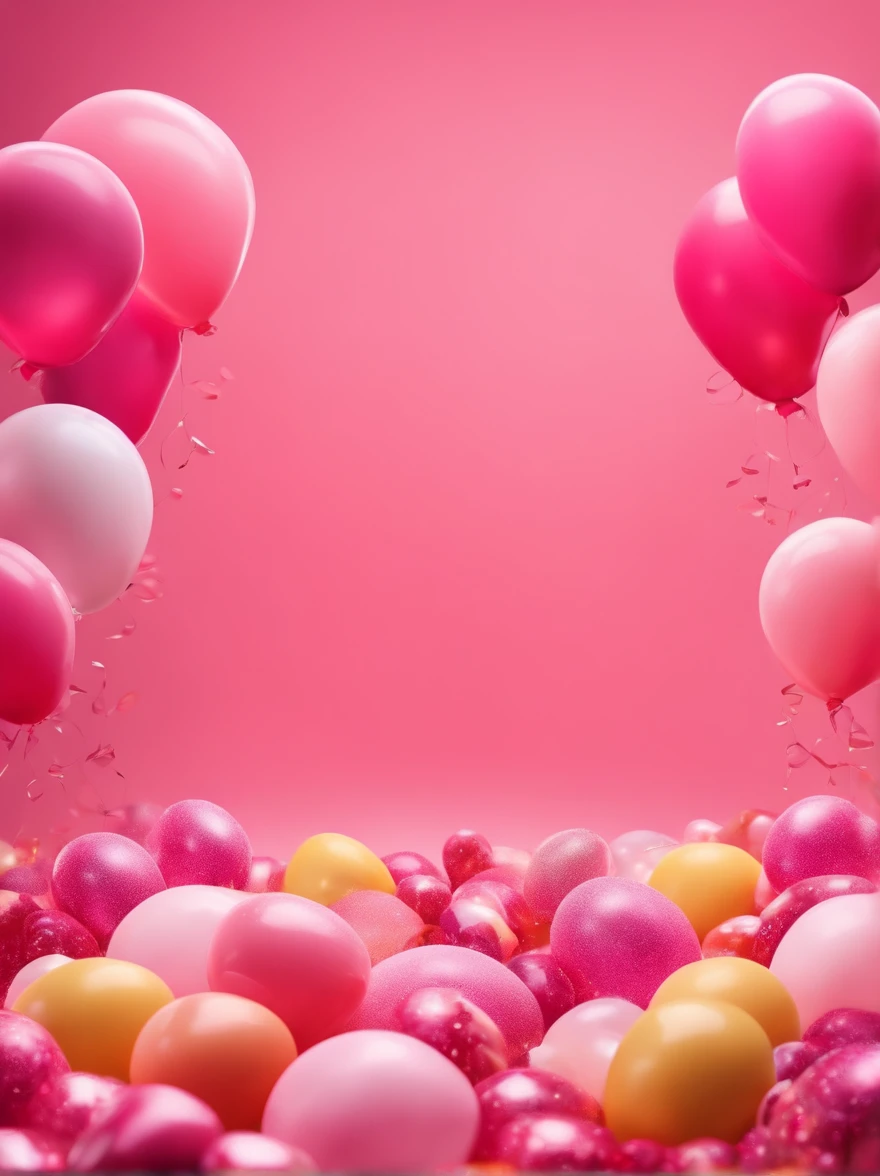 Color: Pink as the central theme. Background Elements: Illustrations of balloons and candies scattered. Atmosphere: Sparkly and cute overall vibe. Center: Leave some space in the middle for product placement.