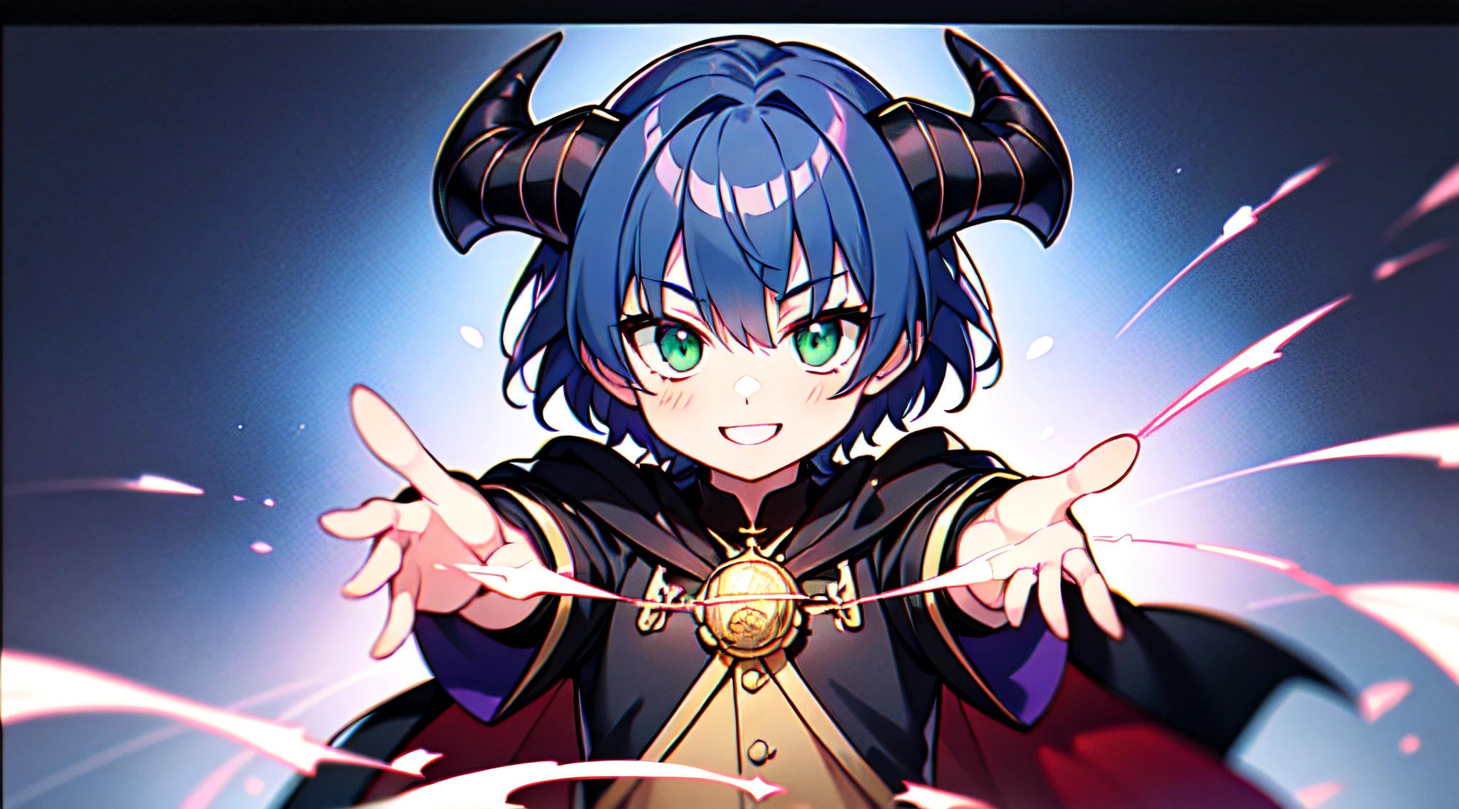 top-quality、​masterpiece、Boy with short purple hair、Green eyes、demonic horns、A smile、Harry Potter's black-robed outfit、Magic Battle Pose、Thumbnail image、The background is solid blue.