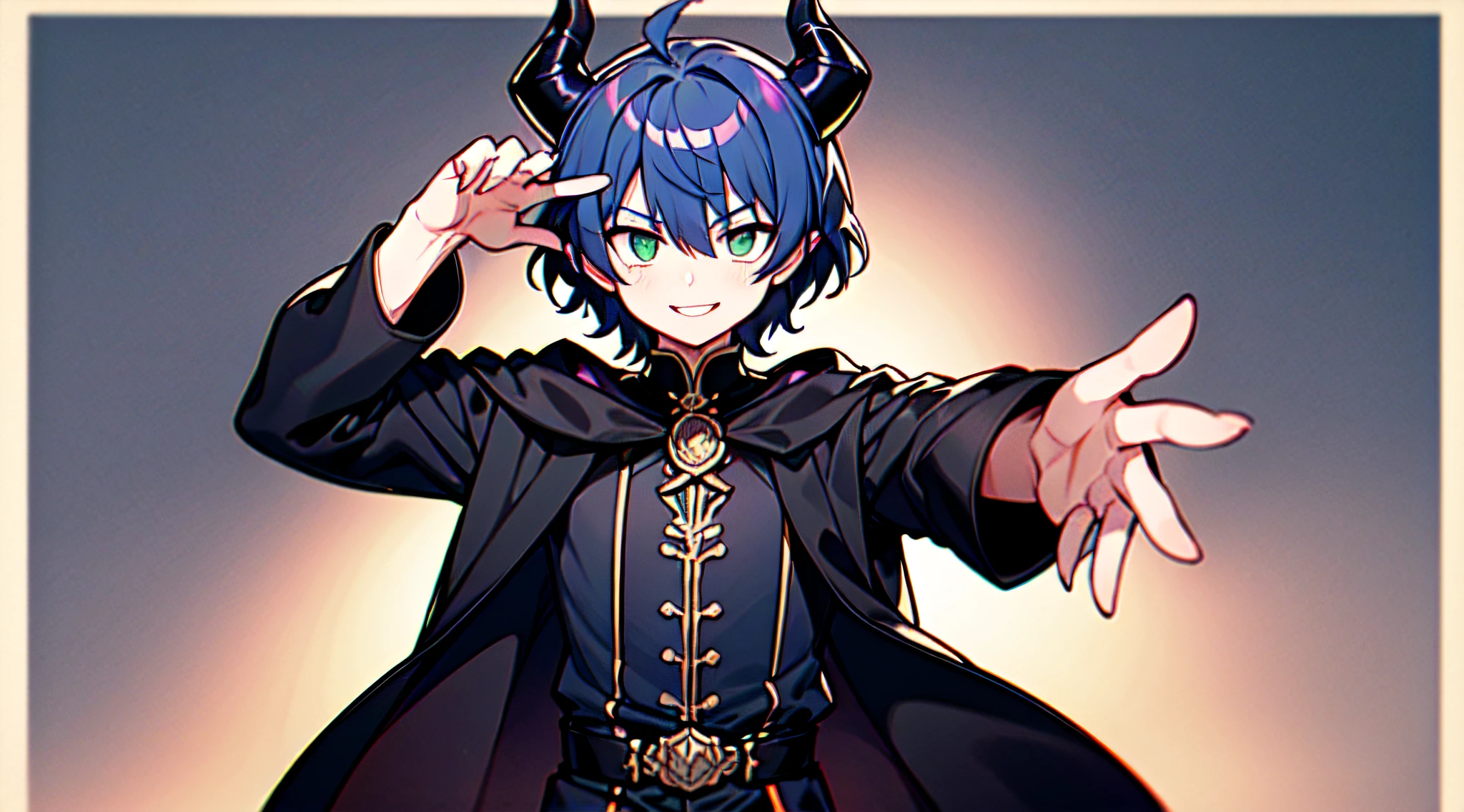 top-quality、​masterpiece、Boy with short purple hair、Green eyes、demonic horns、A smile、Harry Potter's black-robed outfit、Magic Battle Pose、Thumbnail image、The background is solid blue.