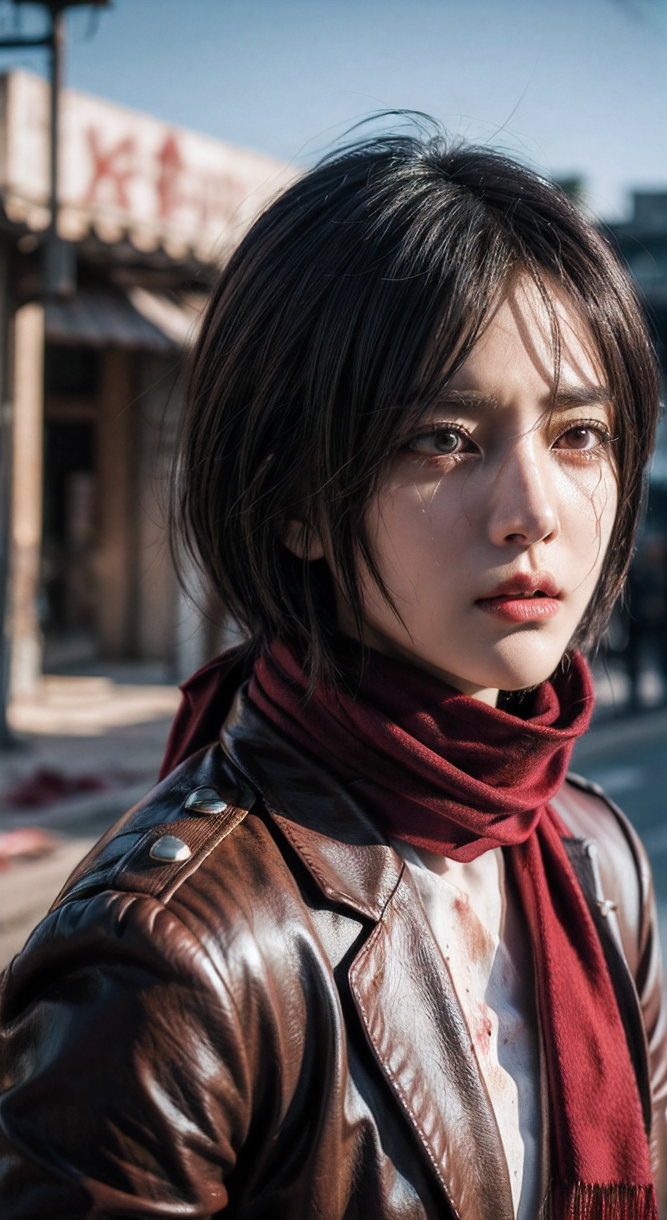 (masterpiece), (hyper realistic), Attack on Titan, half body shot, Mikasa Ackerman, Crying, sadness, Tears, A maroon scarf around his neck, blood stains on his face and clothes, dinamic lighting, dramatic fire background