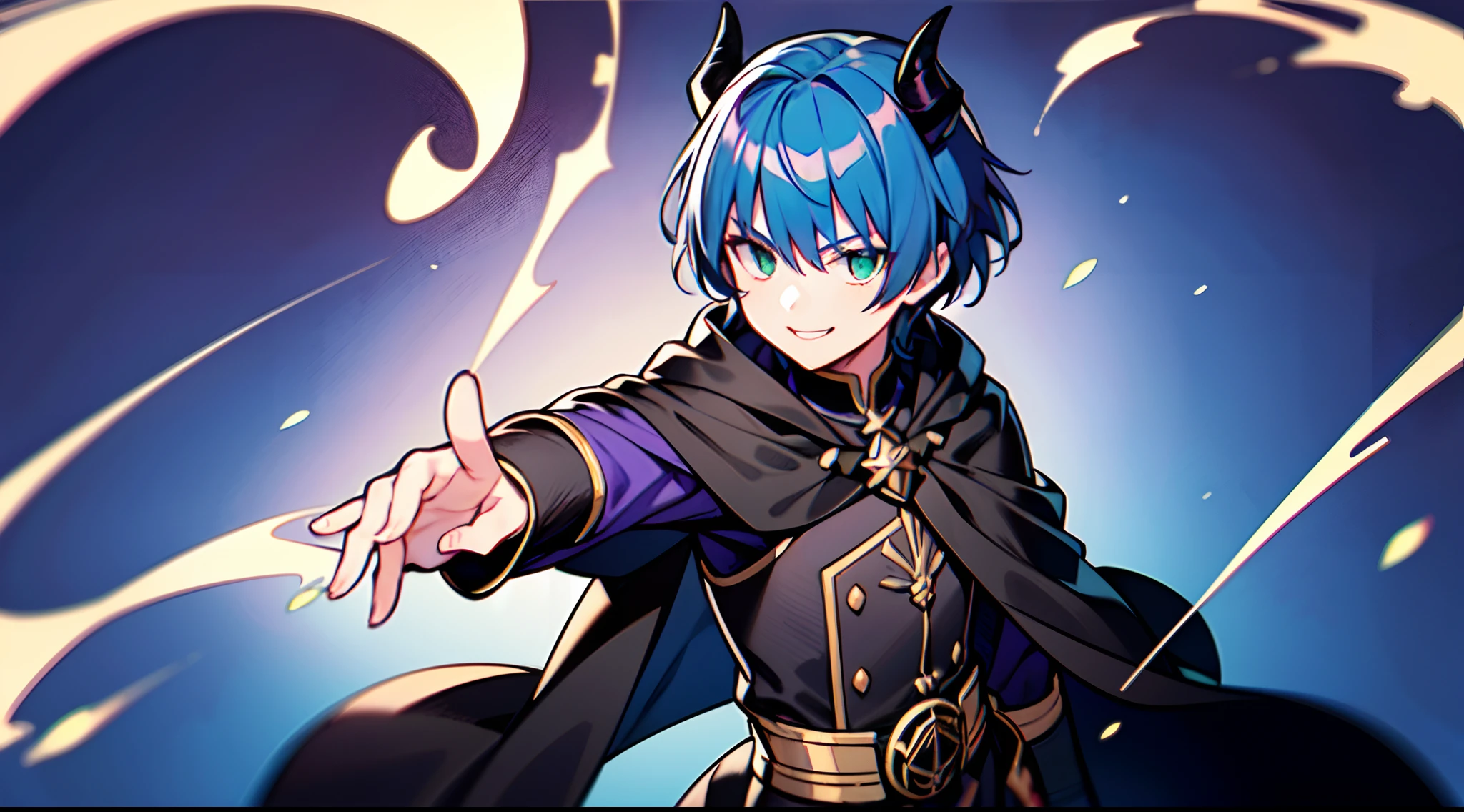 top-quality、​masterpiece、Boy with short purple hair、Green eyes、demonic horns、A smile、Harry Potter's black-robed outfit、Magic Battle Pose、Thumbnail image、The background is solid blue.