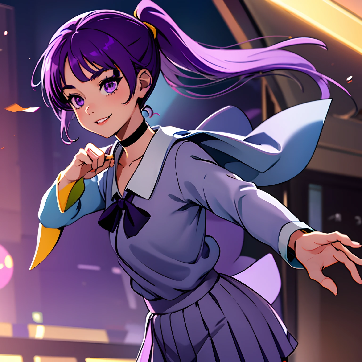 Pretty purple haired animal girl, wearing a gray skirt with black on either side of it, gray Japan school girl top with long loose sleeves with a big black collar, with a half gray half blue tie around the collar, black choker with a small gold button on the center, pretty purple eyes that fade down into light blue, not wearing a lot of makeup but still pretty, platform ballet flats, purple nails, cute pose, preppy, purple hair in wavy ponytail, purple ponytail draped over shoulder, purple long wavy bangs on either side with short purple bangs on forehead not covering eyes, side swept to the middle from both sides, with bangs on the forehead not covering eyes side swept to both sides of hair. Pretty girl, preppy, nice, friendly kind smile, anime, high quality, 4k, attractive, not a lot of makeup, cute, purple eyes with light blue at bottom, smile,nice, anime, preppy, school girl gray uniform, nice hands with five fingers only on each hand, small lips. Gray Japanese school uniform shirt with black big collar and lose sleeves, gray skirt.  aged girl, 16 year