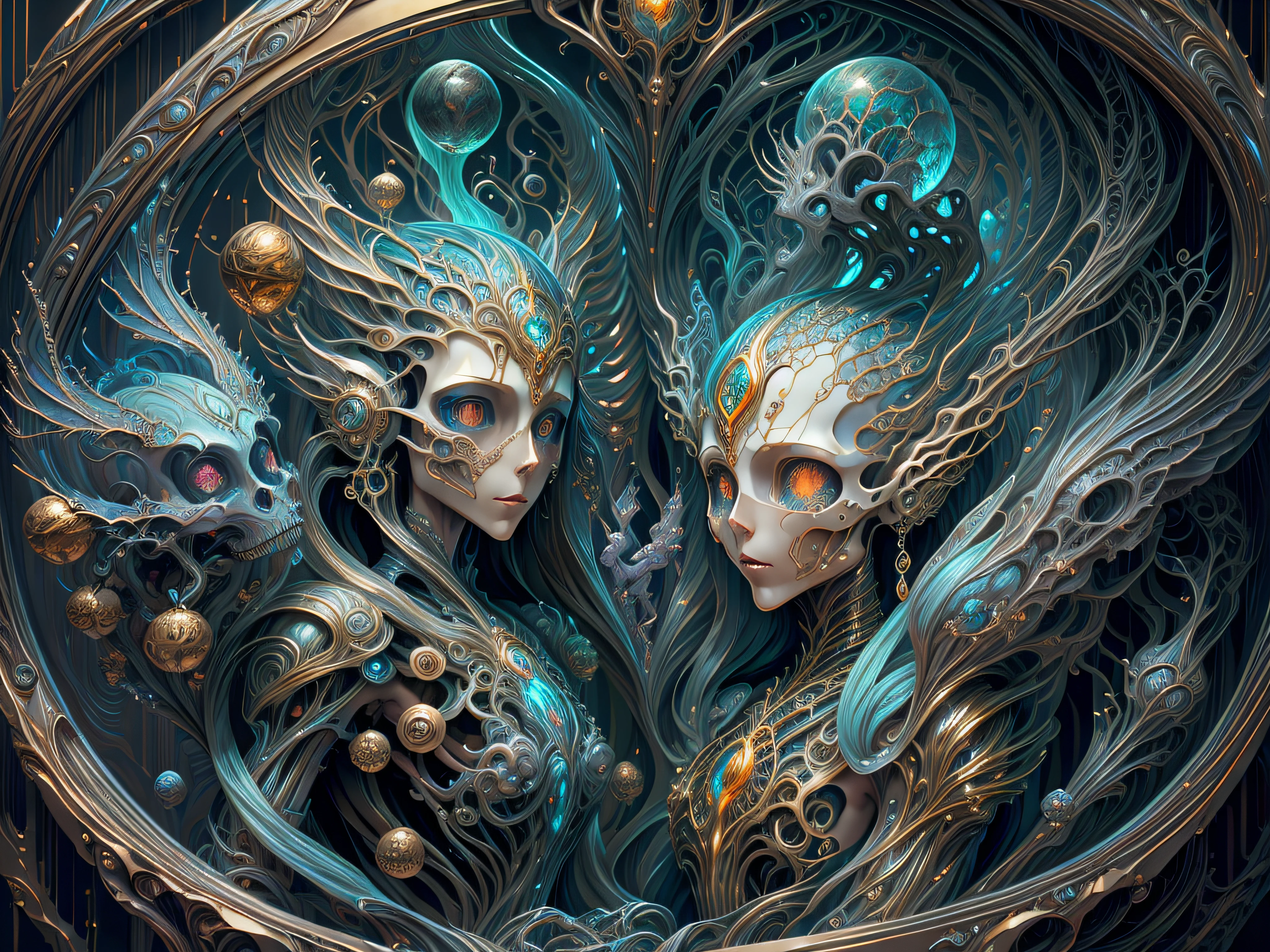 high quality, highly detailed, fantasy, At the forefront of this enchanting scene stands a fantastical creature, a harmonious fusion of the whimsical beings imagined by Hieronymus Bosch and the organic fluidity found in Michael Parkes art nouveau lines, biomechanical aesthetic seamlessly integrate into the cosmic tableau, awesome full color,