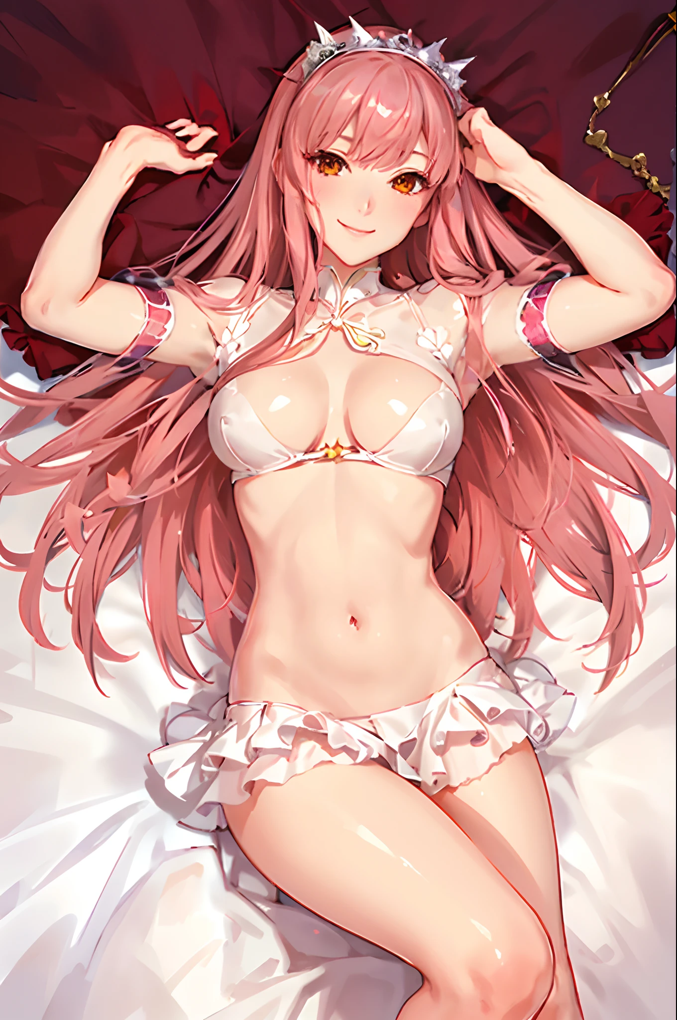 (masterpiece, sidelighting, finely detailed beautiful eyes: 1.2), glowing eyes, shiny hair, lustrous skin, solo, embarrassed, medb \(fate\), heart hands, smile, on back, on bed, red bed sheet,