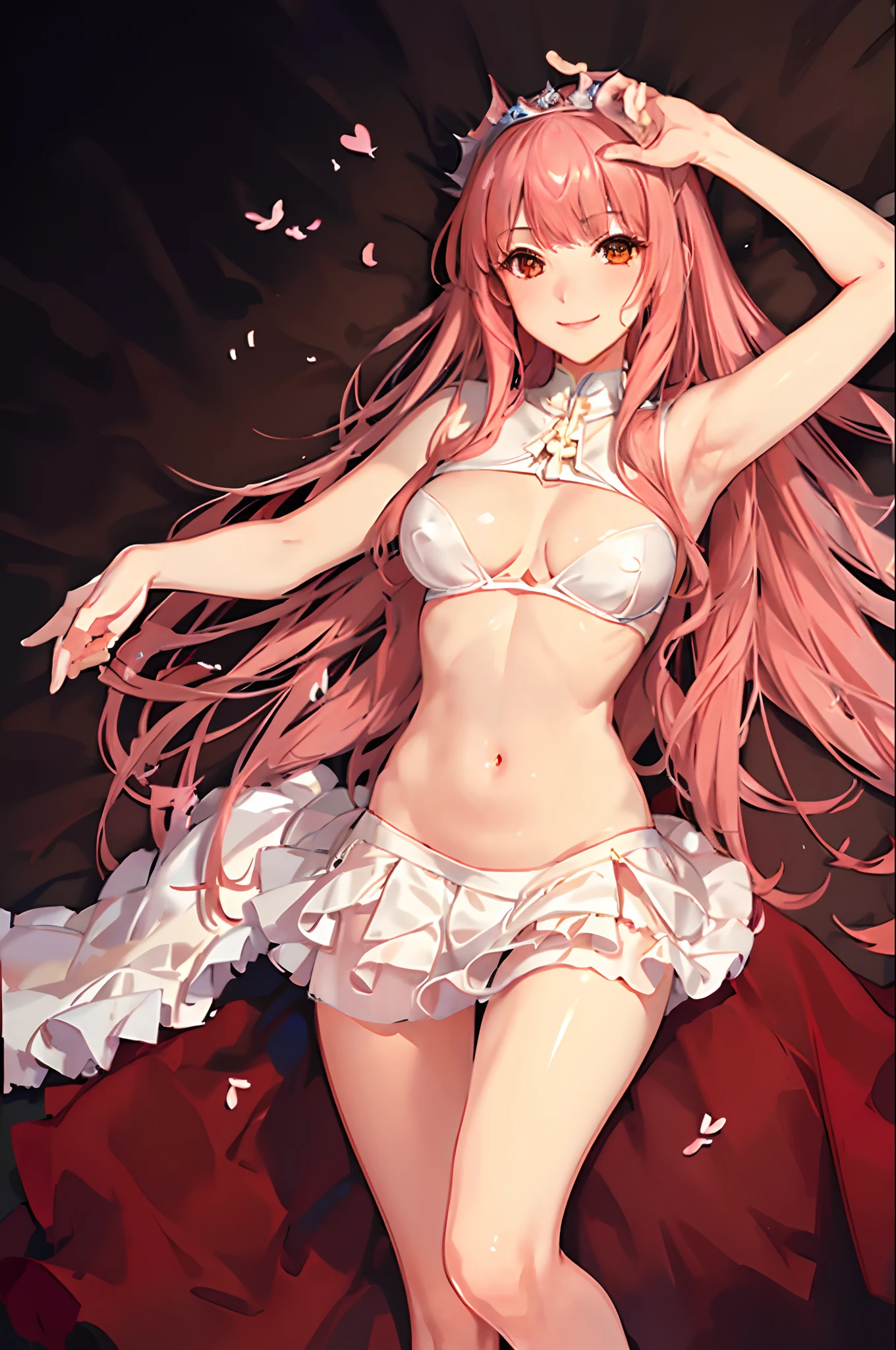 (masterpiece, sidelighting, finely detailed beautiful eyes: 1.2), glowing eyes, shiny hair, lustrous skin, solo, embarrassed, medb \(fate\), heart hands, smile, on back, on bed, red bed sheet,