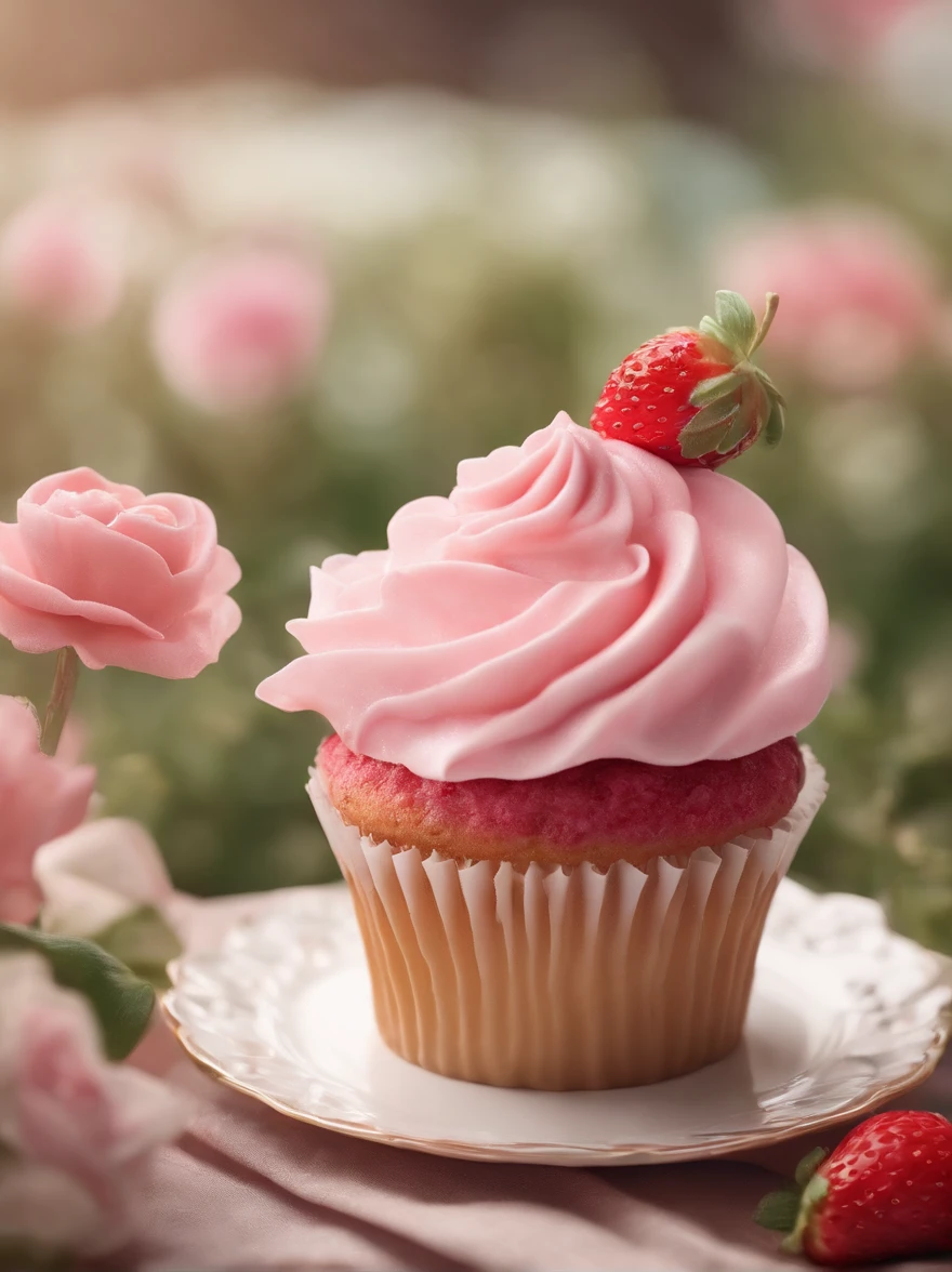 (highres,ultra-detailed),(realistic:1.37) A cupcake with a pink cream tube next to it, a gelatinous texture, a combination of 🎀 🗡 🍓  ❤🔥🍄🌪, 💋 💄 👠 👗. The cupcake has intricate details, with vibrant colors and sharp focus. The pink cream tube has a glossy and smooth appearance, resembling jelly. The cupcake is decorated with a mixture of cute elements, such as bows, swords, strawberries, hearts, fire, mushrooms, and whirlwinds. It exudes a sense of playfulness and whimsy. The scene is enhanced by the presence of a woman wearing red lipstick, high heels, and a fashionable dress, adding a touch of elegance and femininity. The overall color scheme is dominated by pastel pink tones, creating a dreamy and romantic atmosphere. The lighting is soft and diffused, casting a gentle glow on the cupcake and its surroundings.