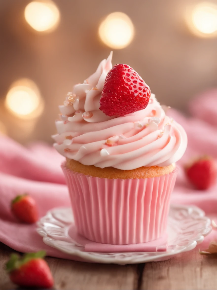 (highres,ultra-detailed),(realistic:1.37) A cupcake with a pink cream tube next to it, a gelatinous texture, a combination of 🎀 🗡 🍓  ❤🔥🍄🌪, 💋 💄 👠 👗. The cupcake has intricate details, with vibrant colors and sharp focus. The pink cream tube has a glossy and smooth appearance, resembling jelly. The cupcake is decorated with a mixture of cute elements, such as bows, swords, strawberries, hearts, fire, mushrooms, and whirlwinds. It exudes a sense of playfulness and whimsy. The scene is enhanced by the presence of a woman wearing red lipstick, high heels, and a fashionable dress, adding a touch of elegance and femininity. The overall color scheme is dominated by pastel pink tones, creating a dreamy and romantic atmosphere. The lighting is soft and diffused, casting a gentle glow on the cupcake and its surroundings.