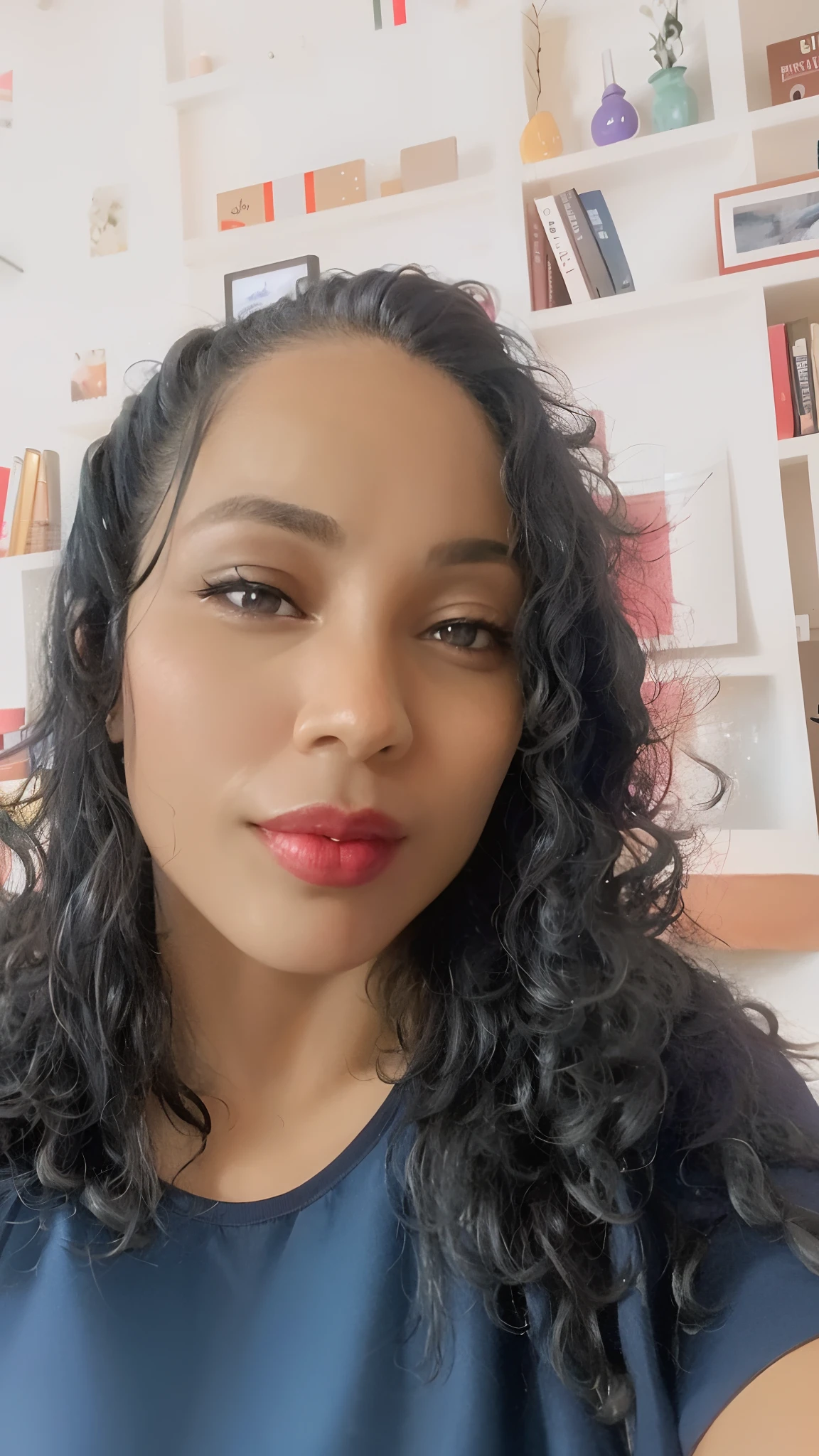 there is a woman with long black hair and a blue shirt, profile image, profile picture, inspired by Gina Pellón, photo of a black woman, taken in the early 2020s, red lipstick on face, headshot profile picture, with professional makeup, inspired by Lena Alexander, closeup headshot, beautifully lit, pictured from the shoulders up, glamour shot