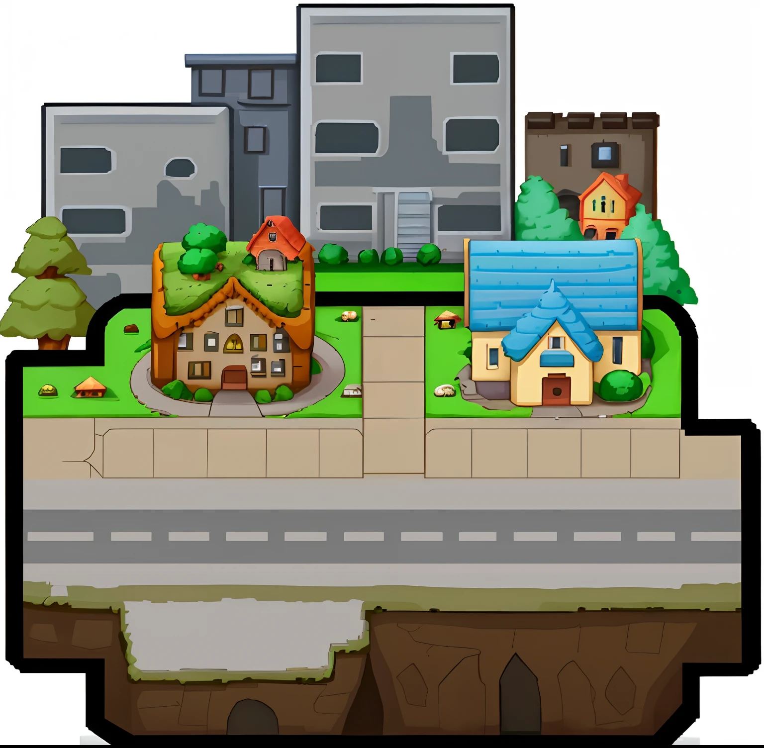 Cartoon illustration of a city with roads and houses, town background, Some houses in the background, The background is the city, 2d game background, town center background, mobile game asset, 2d game asset, house and road, game concept, seperated game asset, Cave Town, urban backdrop, 2d game asset,