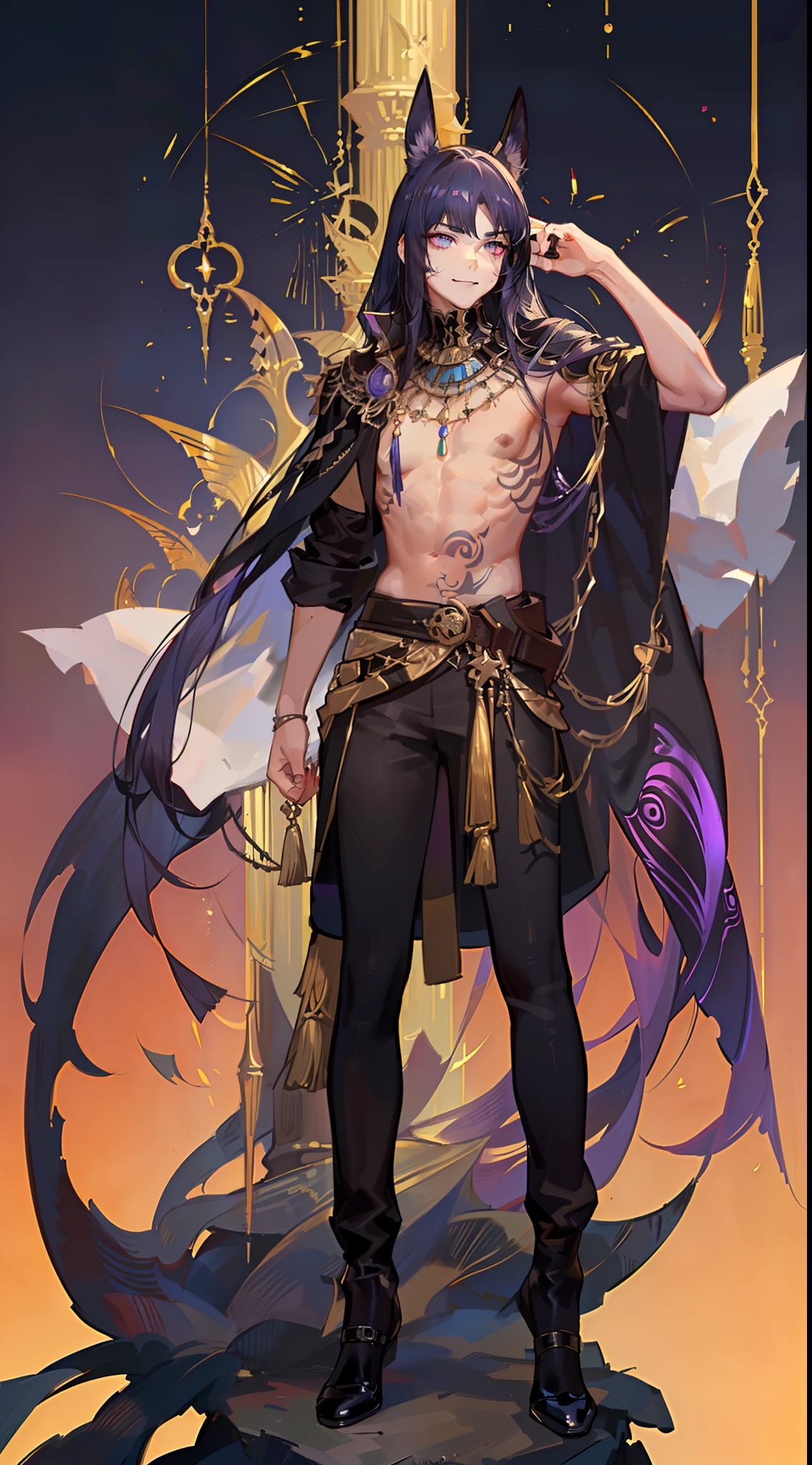 Young guy, Long black hair, purple strands, violet eyes, smirk, tattoo, pharaoh, Egyptian Prince, Anubis, open torso, musculature, Masterpiece, hiquality, 4k, HD, Good detail