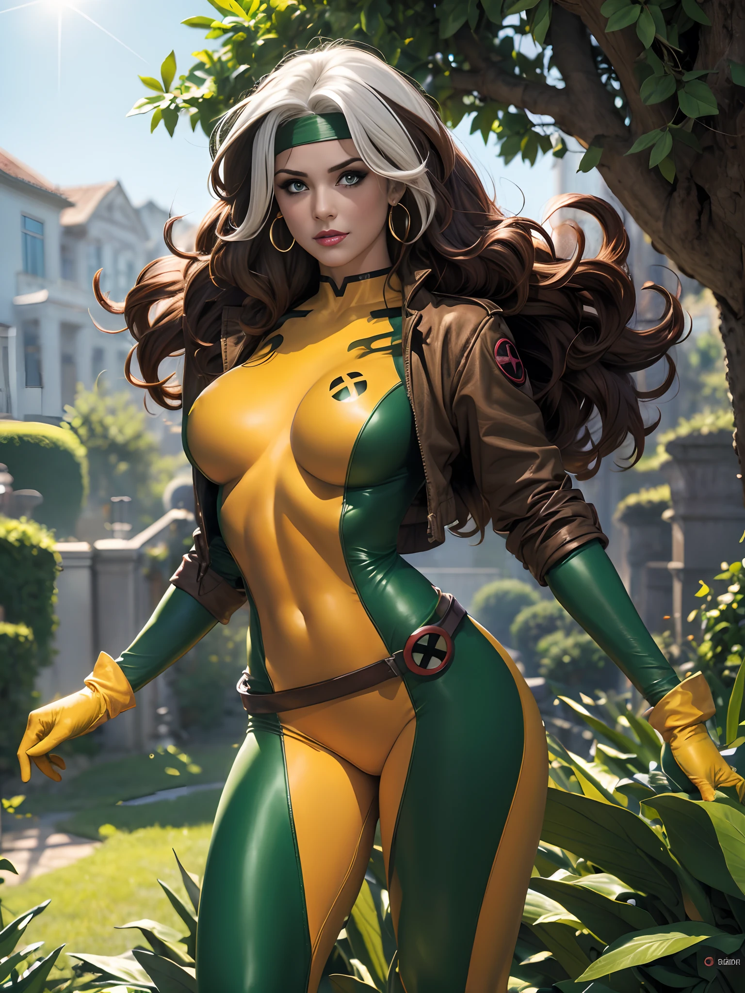 (masterpiece:1.0), (best_quality:1.2), Classic Rogue, 1991 Rogue X-Men, 1 girl, Only, full body view, medium length hair, brown hair, wavy hair, messy hair, one lock of white hair, headband, green eyes, mischievous look, smirking, parted lips, curvy figure, medium to large breasts, lipstick, makeup, jacket, gloves, 2 belts, yellow gloves, green bodysuit, multicolored bodysuit, skin tight, open jacket, headband, gold hoop earrings, multicolored clothes, character accurate clothes, Looking at the Viewer, sexy pose, confident stance, sunlight, sunrays, light source from the side, (realism: 1.5), (Realistic: 1.4) , (Absurdity:1.4), 8k, ultra-detailed, Detailed Beautiful Woman, (only:1.4) , 1girl, background of garden, dirt path, wisteria trees, outside of an old mansion, official art, extremely detailed CG unity 8k wallpaper, perfect lighting, Colorful, ultra high res, photography, 8K, HDR, Kodak portra 400, film grain, blurry background, (bokeh:1.2), lens flare, (vibrant_color:1.2), professional photograph