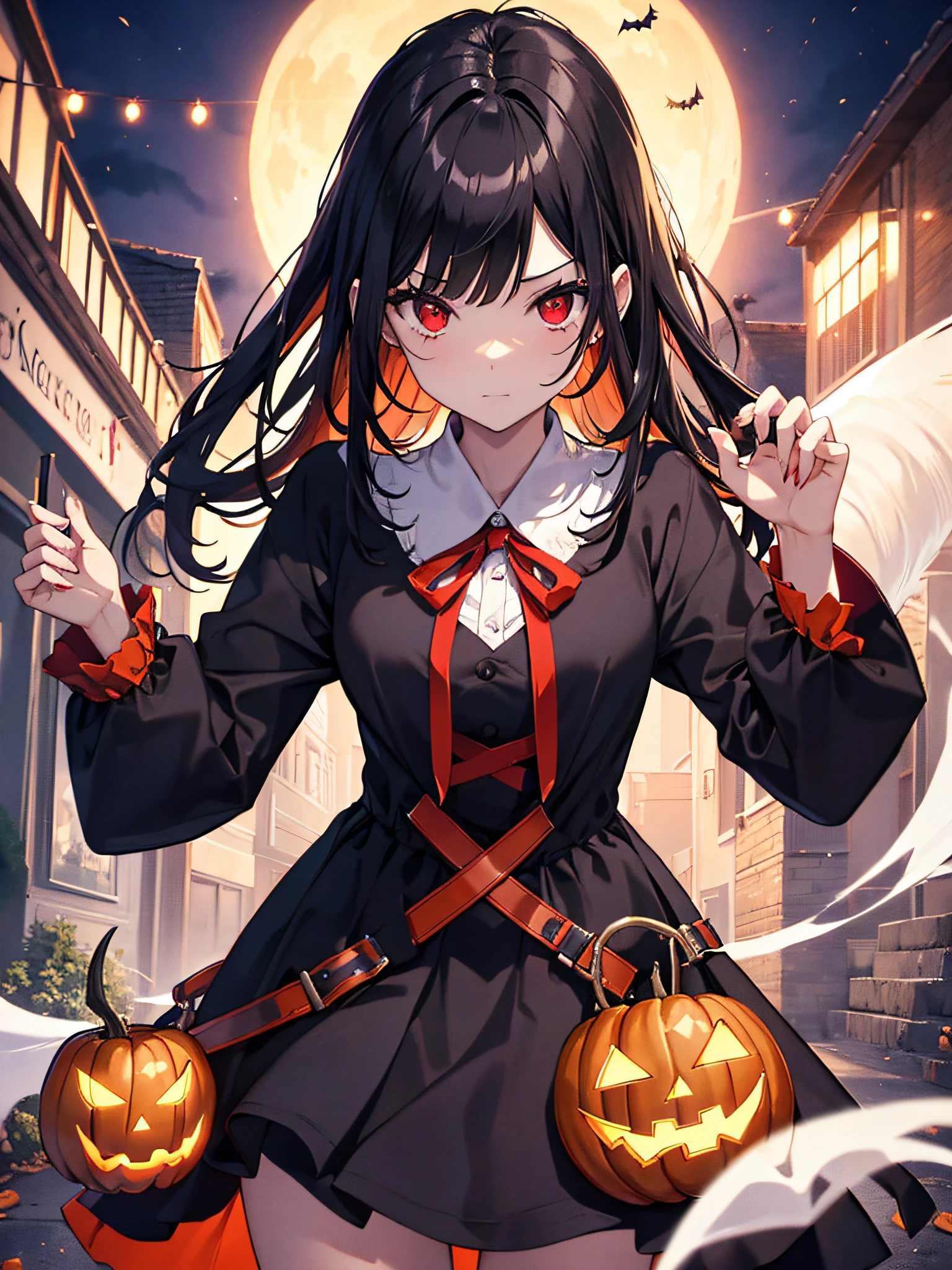 Halloween. black hair girl. red eyes. wearing holloween costume. wearing ghost costume. houses