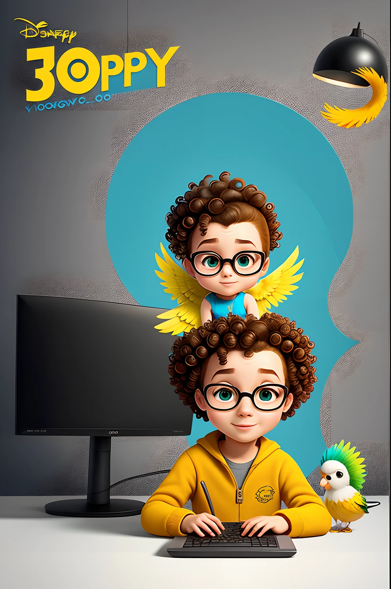 Disney Pixar 3D Animation Style Poster A Young Curly Black Long Hair With Round Glasses In Front Of Computer With Happy Gray Cockatiel On Top Of Monitor