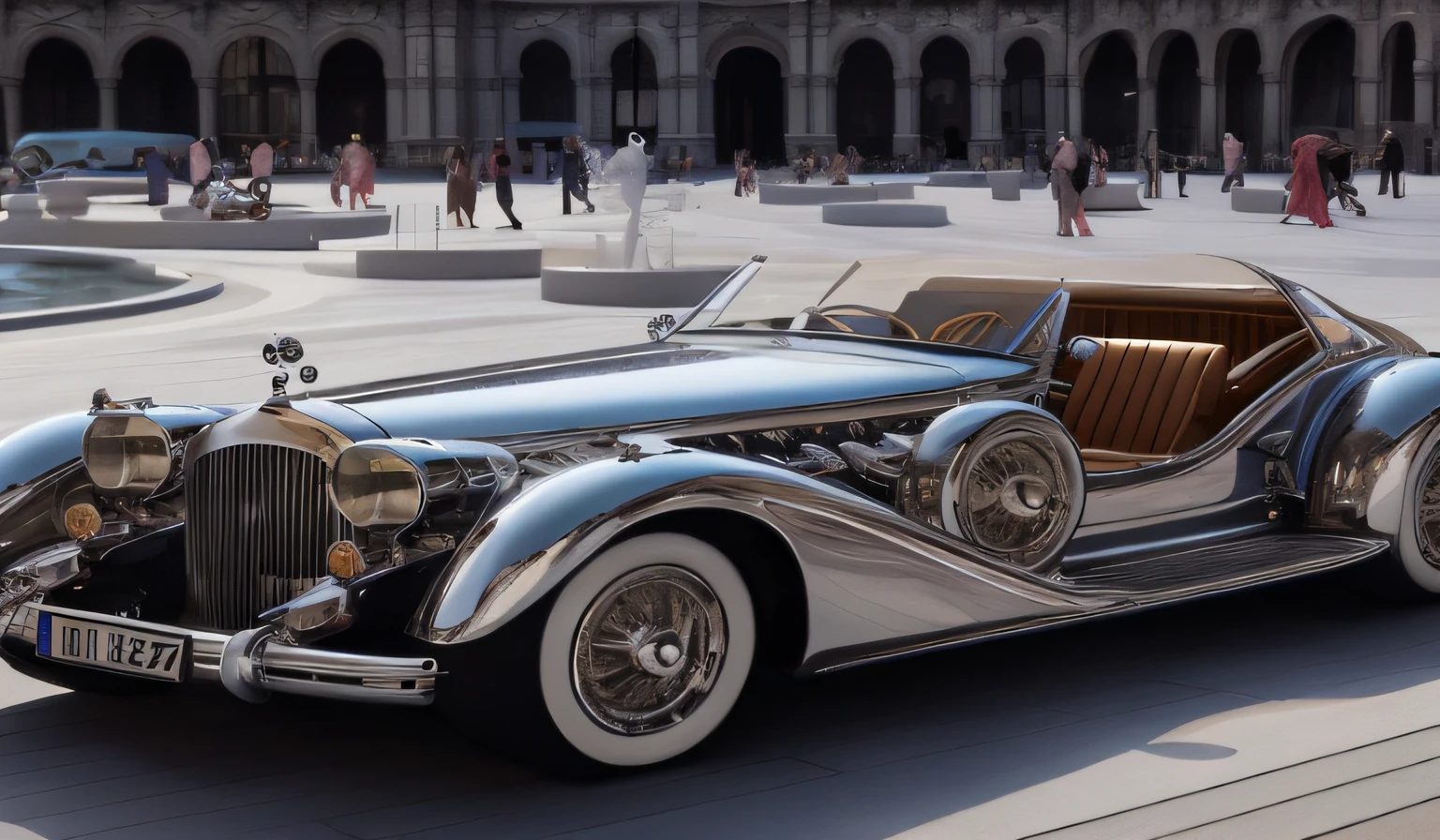 A silver car parked in front of a fountain where people walk, Art Nouveau Ferrari Cars, Vintage Cars, Vintage Cars, Classic Cars, Classic Cars, Futuristic chrome vehicles, Art Nouveau Octane Render, Steampunk Cars, auto, The overall view of the car, Inspiration by Kurt Wenner, Classic Chrome, Chrome body, Luxury Lifestyle, Luxury HD rendering