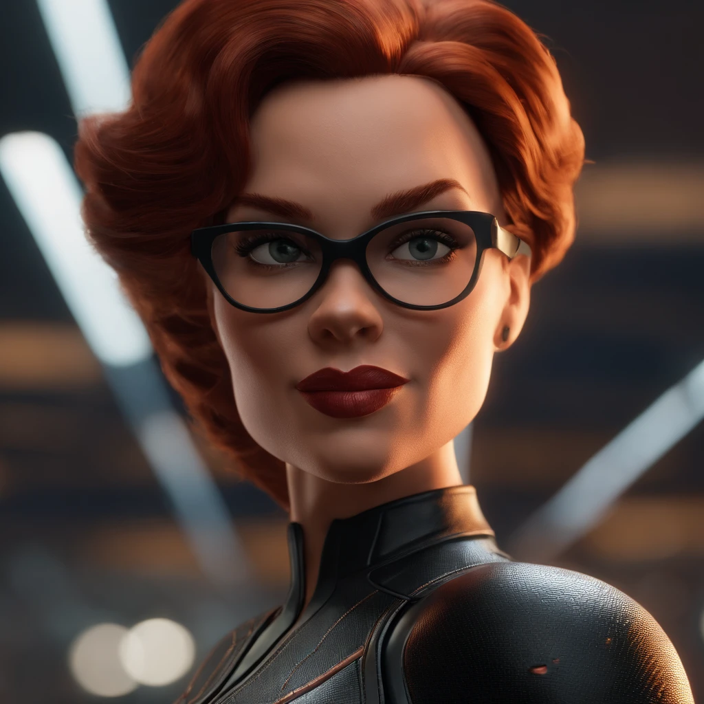 Cartoon character of black widow with black glasses, marvel studio character, Caractere estilizado, realistic rendering, 3D estilizado, Arnold Maya render, 3 d render stylized, Personagem 3D, 3d rendering stylized, 3 d character render, personagem de desenho animado, Personagem de close up, Pose de personagem, (Estilo Pixar) (master part:1.2) (Bokeh) (best quality) (pele detalhada) (textura detalhada) (8k) (argila) (Cinematic lighting) (foco nítido