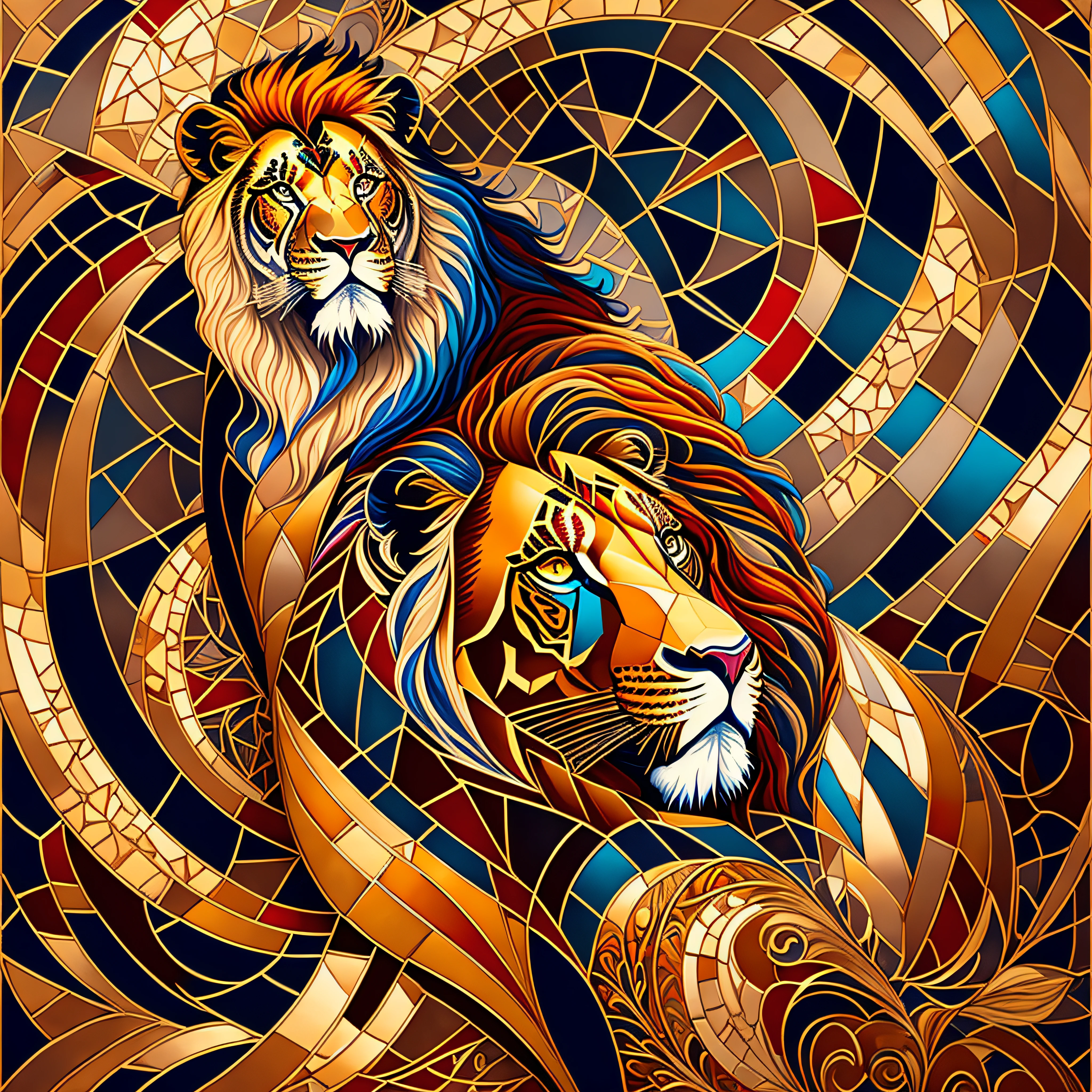 Fine Arts, Oil painting, thick brush strokes, imposing multicolored lion, inspired by [Gustav Klimt | Vincent van Gogh |
Pablo Picasso | Gil Elvgren], anachronistic figures, captivating mosaic wall, swirls, triadic colors, Art Nouveau,
Byzantine mosaics, gold details, elegance, sophistication, class, very refined, elegant and complex background, timeless, luxury,
subtle, graceful, high-end, intricate patterns, sensual shapes, intricate textures, dramatic lighting, depth
emotional, clear and perfect cohesive composition.