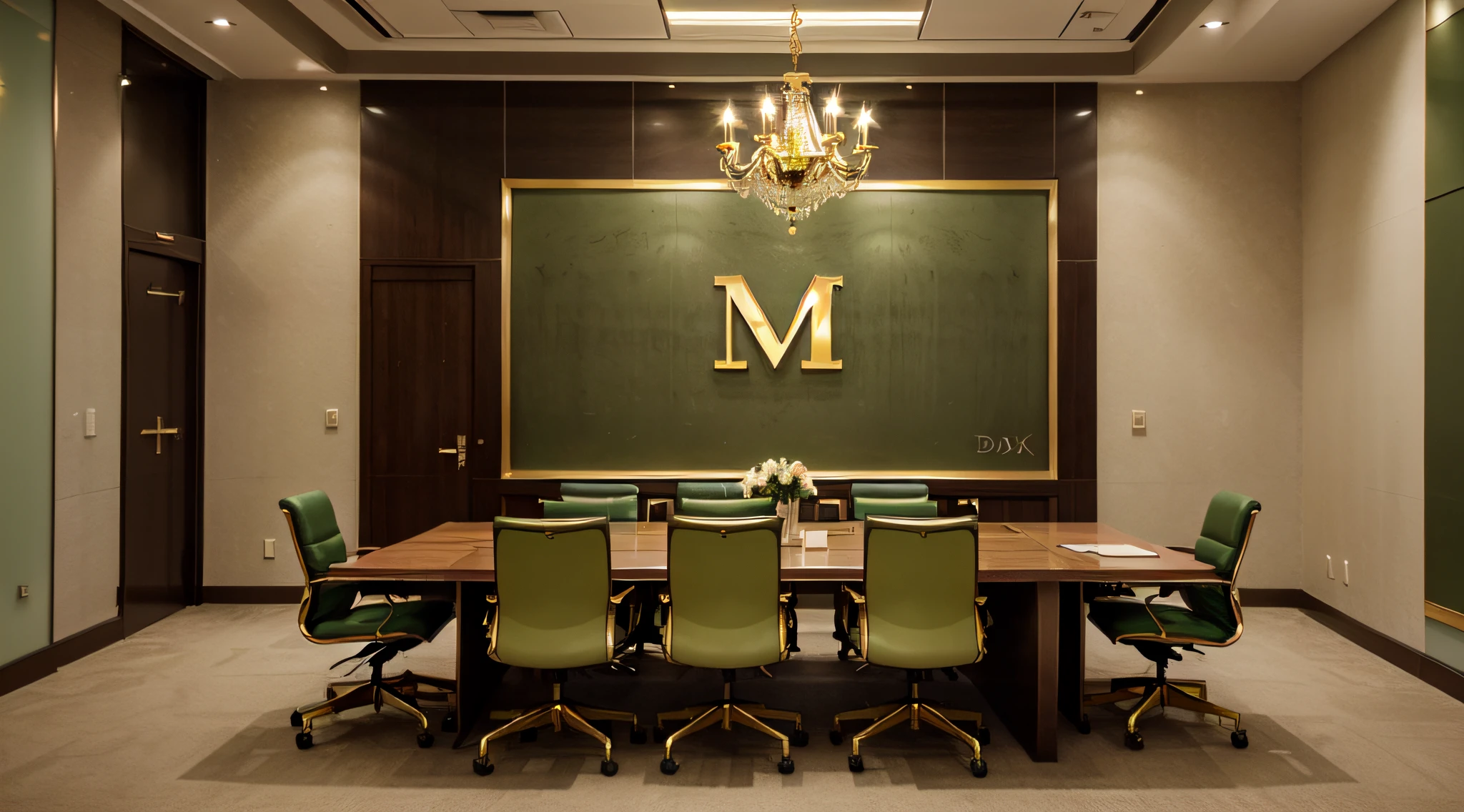 realistic green and gold color scheme large boardroom. Make the letter "M" in gold hanging elegantly on wall, 4k, stunning