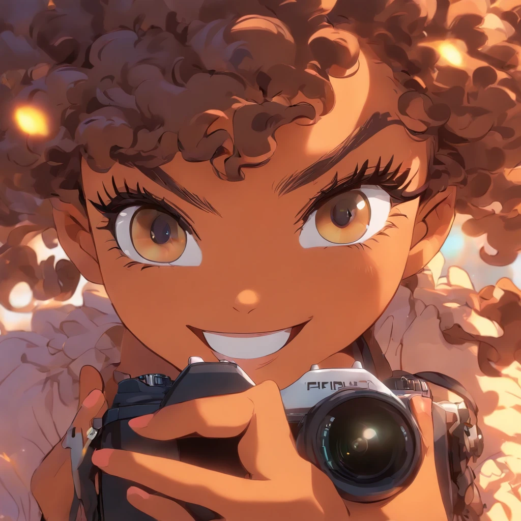 Iris is a smiling woman, pele morena, Curly hair and is holding a camera