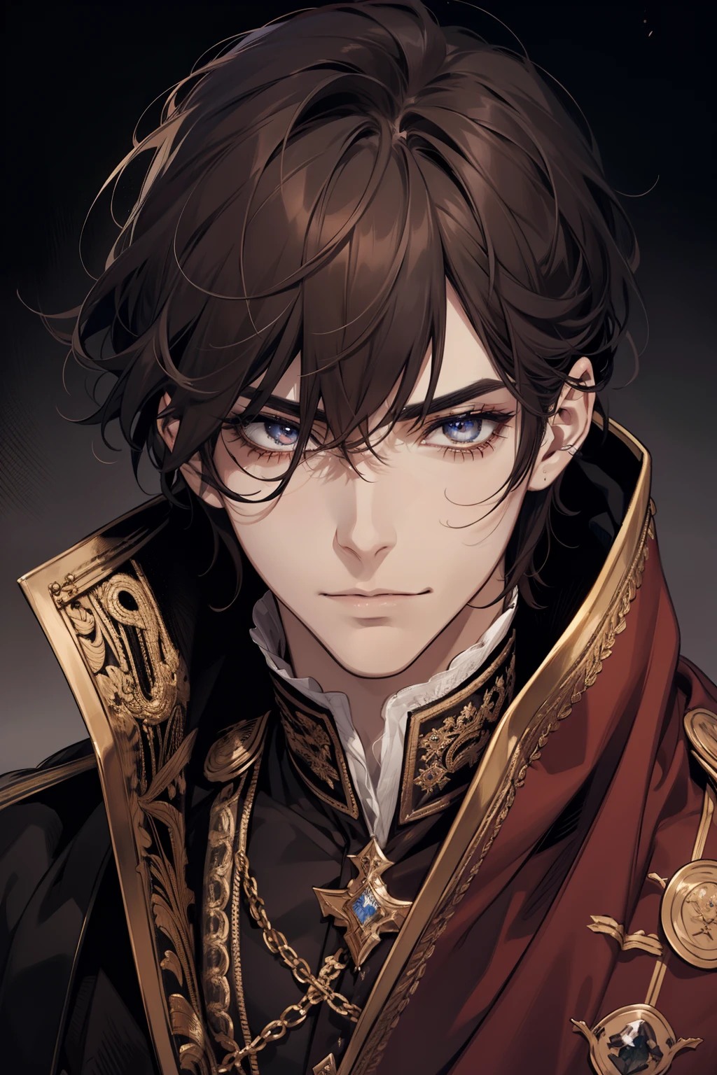 1 male, adult, handsome, tall and lean, prince, royalty, calm face, finely detailed eyes, dark color hair with bangs, dark fantasy, detailed face, close up