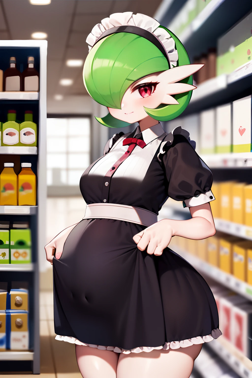obra maestra, best_quality, 1girl, solo, gardevoir, pokemon \(criatura\), cabello verde, ojos rojos, vestido de sirvienta, supermarket, de perfil, en un supermarket, vista lateral, sosteniendo una caja, (((embarazada))), gardevoir embarazada, [junto a un carrito de supermercado], senos medianos, senos marcados, maid uniform, maid uniform black, [uniforme completo], voltea la mirada, escena vista en tercera persona.