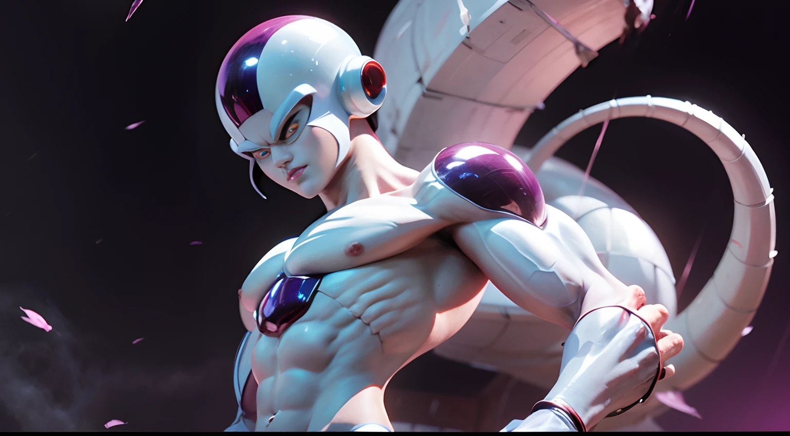 ((Frieza)), Solo male, man version, Transformed into final form、dragonball z, Muscular Body、battleing、Fighting、action、Beautiful expression、serious faces、Looking down、tail、red eyes、Bruised body、Perfect body、Toned body、full body Esbian、fıt body、abdominals、musculature,
