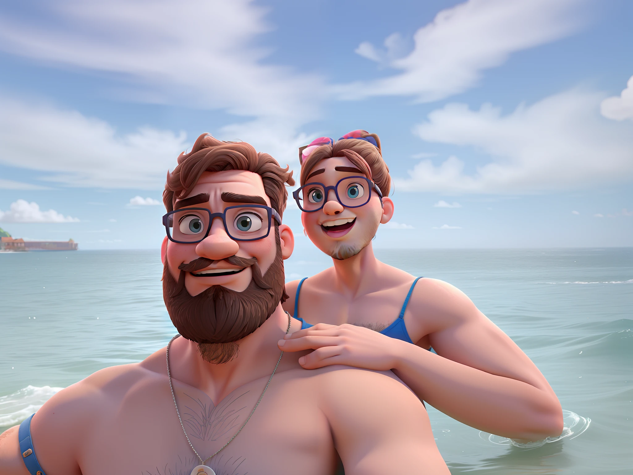 romantic couple, Full bearded man with girlfriend behind with tongue out, She has glasses on her head and her arm rests on his shoulder. They're in the sea, assim como os filmes da Disney Pixar