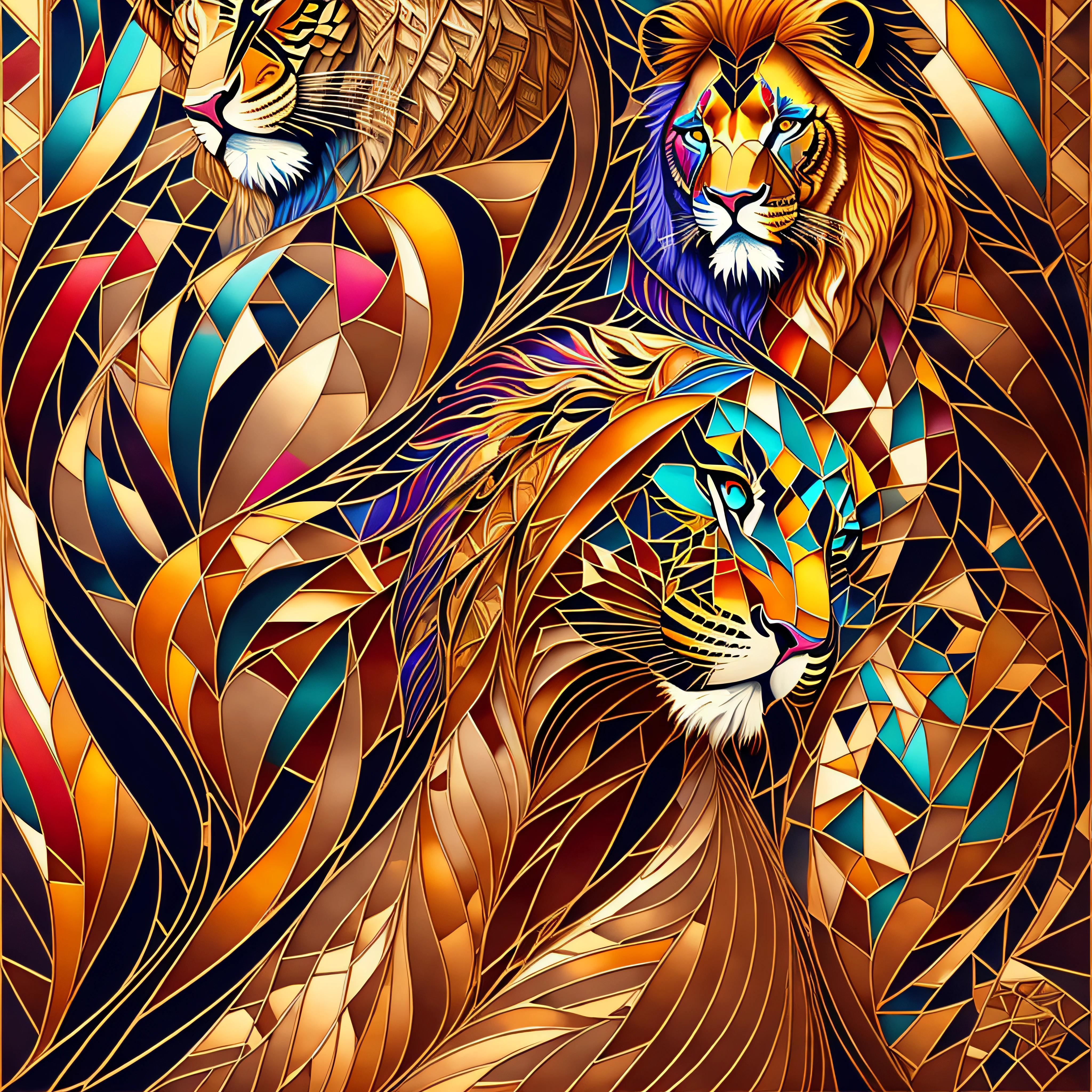 Fine Arts, Oil painting, thick brush strokes, imposing multicolored lion, inspired by [Gustav Klimt | Vincent van Gogh |
Pablo Picasso | Gil Elvgren], anachronistic figures, captivating mosaic wall, swirls, triadic colors, Art Nouveau,
Byzantine mosaics, gold details, elegance, sophistication, class, very refined, elegant and complex background, timeless, luxury,
subtle, graceful, high-end, intricate patterns, sensual shapes, intricate textures, dramatic lighting, depth
emotional, clear and perfect cohesive composition.