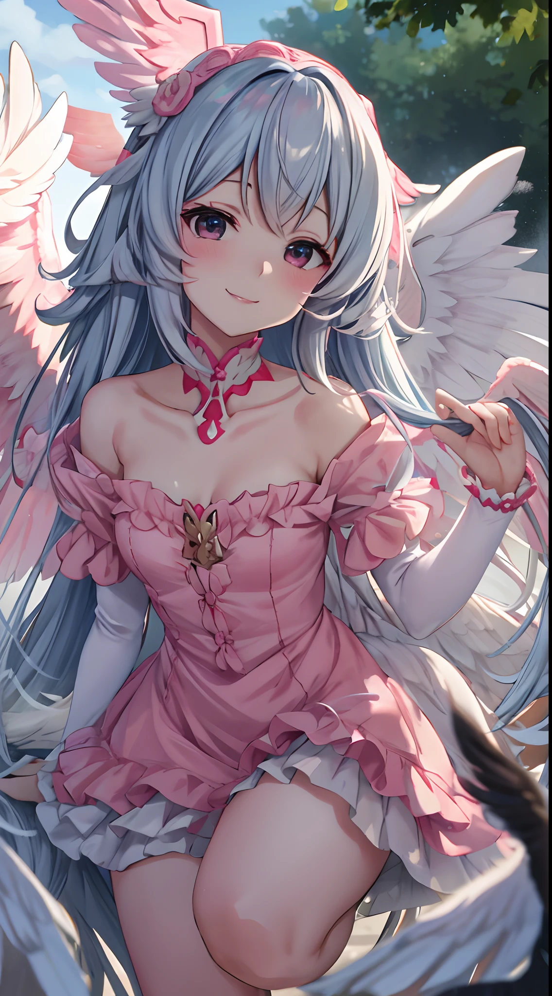 ((masutepiece, Best Quality)),Photography, Detailed skin, Realistic, Photorealsitic, 8K, Highly detailed, full length frame, High Detail RAW Color Art, diffused soft lighting, Shallow depth of field, 
Pink Edge Garuda_Dress, Crimson Bird_Woman with spread wings ,Black eyes、adorable smiling、Light blue long hair、Twin-tailed、Wearing a pink Edge Garuda_Dress