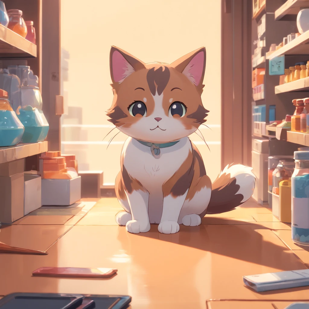  Cute Isometric Cat Emoji, Tuxedo Jack, calico cat, Hairy and cute, Pet Shop Background, Soft and muted colors, 3D Icon Clay Rendering, Spring: 120mm, 3D Blender Rendering, trending on polycount, Modular constructivism, Orange background, physically-based renderingt, The kitten in the center raises its hand